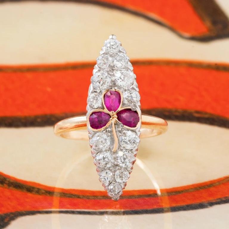 Victorian 18K Yellow Gold, Silver and 1.15Cts, Diamonds and Rubies Navette Ring In Good Condition For Sale In New York, NY