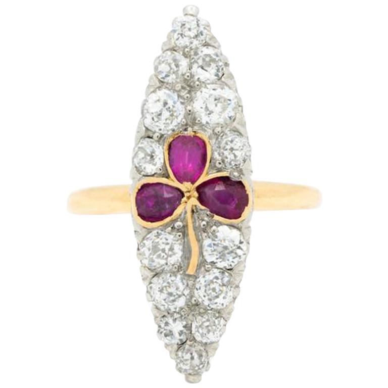 Victorian 18K Yellow Gold, Silver and 1.15Cts, Diamonds and Rubies Navette Ring For Sale