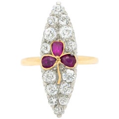 Antique Victorian 18K Yellow Gold, Silver and 1.15Cts, Diamonds and Rubies Navette Ring