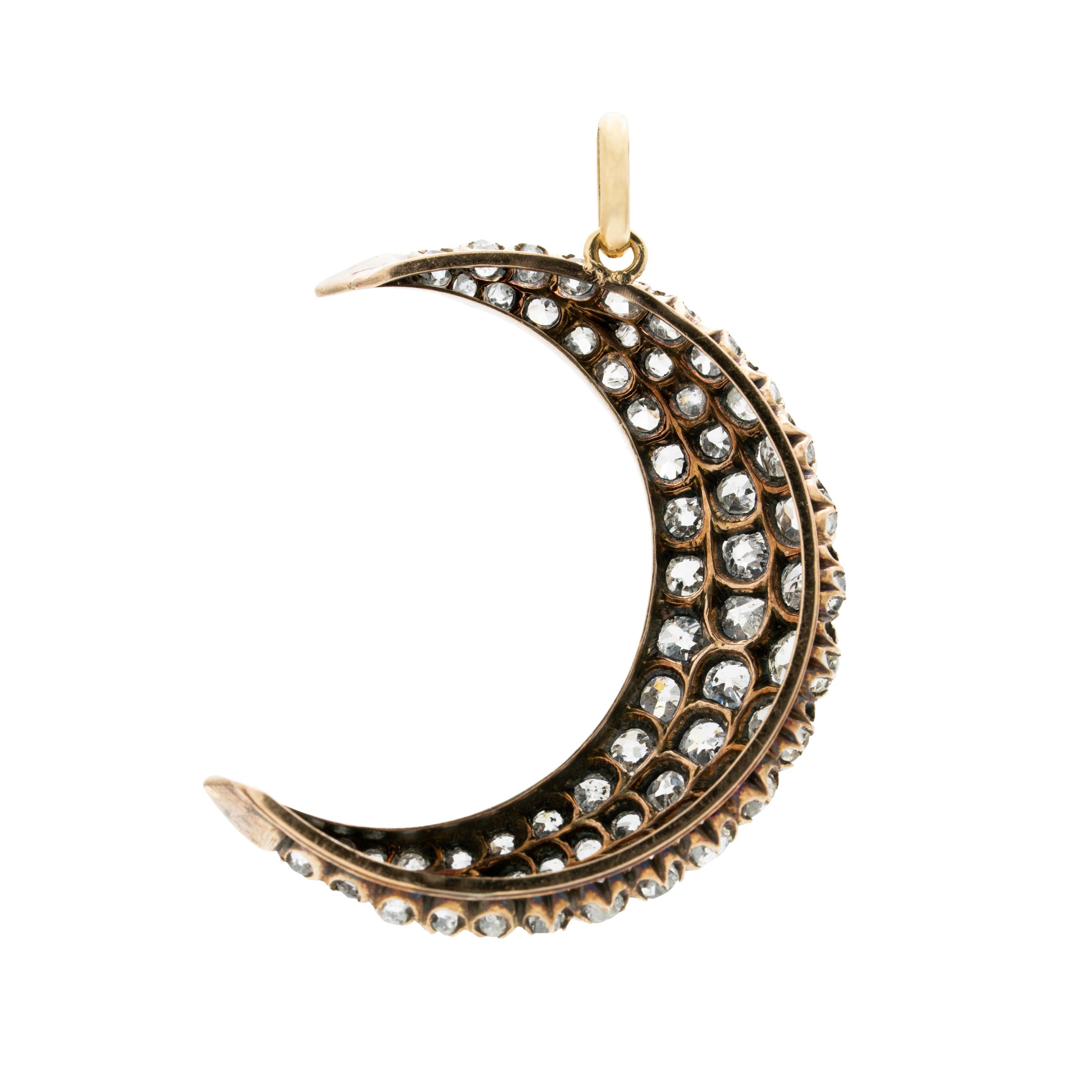 Old Mine Cut Victorian 18K Yellow Gold, Silver and 7.25cts. Diamond Crescent Moon c.1860s For Sale