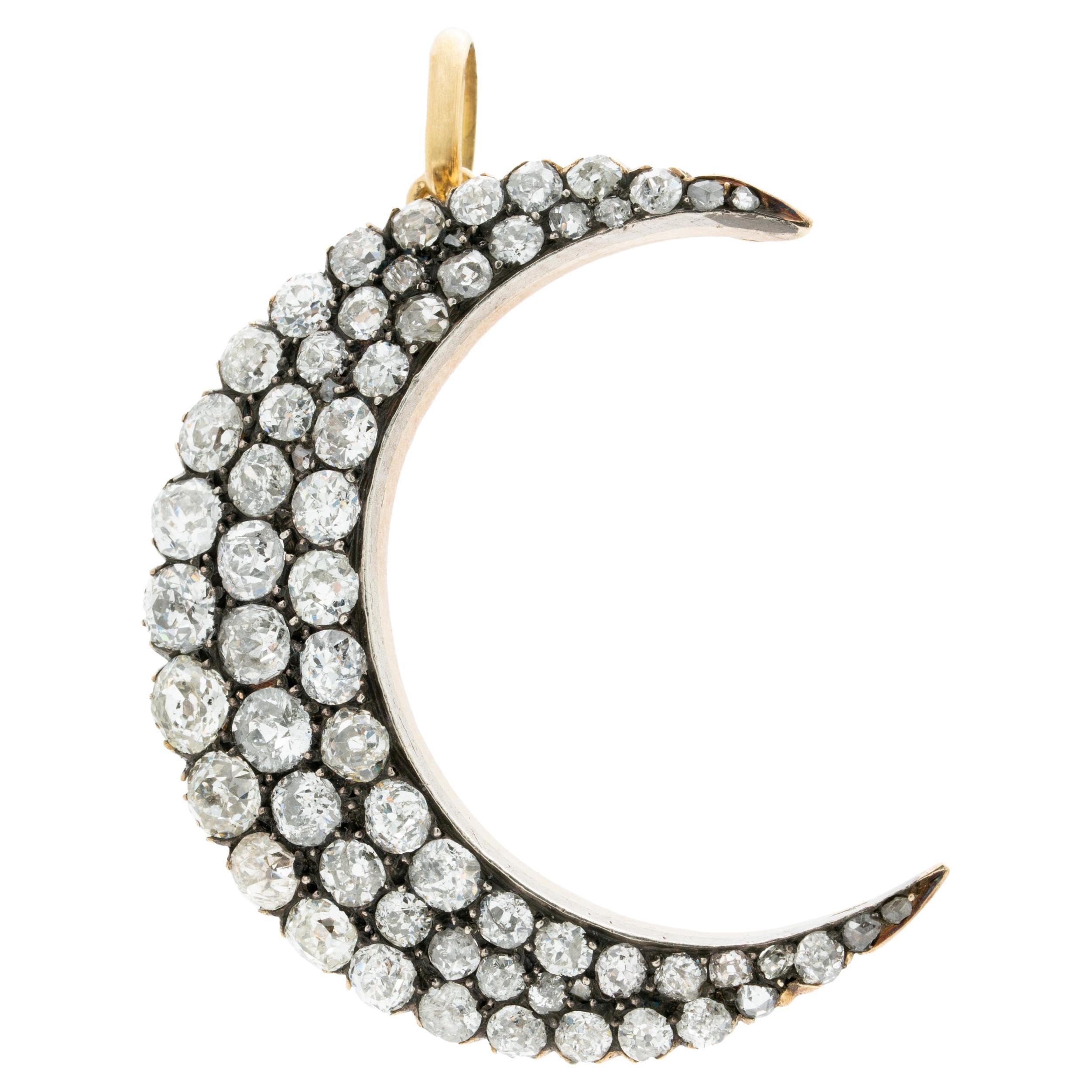 Victorian 18K Yellow Gold, Silver and 7.25cts. Diamond Crescent Moon c.1860s For Sale