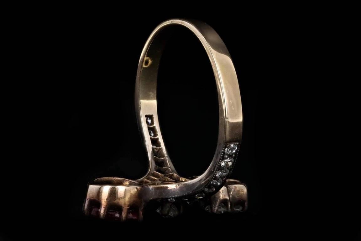 Viktorianischer Ring, 18 Karat Gelbgold Silber Top 1 Karat natürlicher Rubin und Diamant Ring Größe im Angebot 1