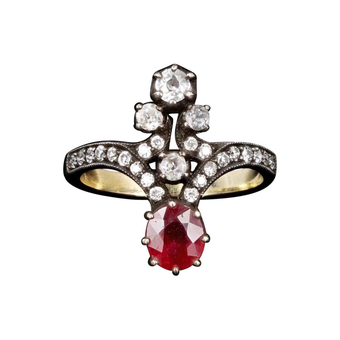 Victorian 18K Yellow Gold Silver Top 1 Carat Natural Ruby and Diamond Ring Size For Sale