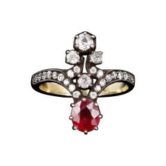 Antique Victorian 18K Yellow Gold Silver Top 1 Carat Natural Ruby and Diamond Ring Size