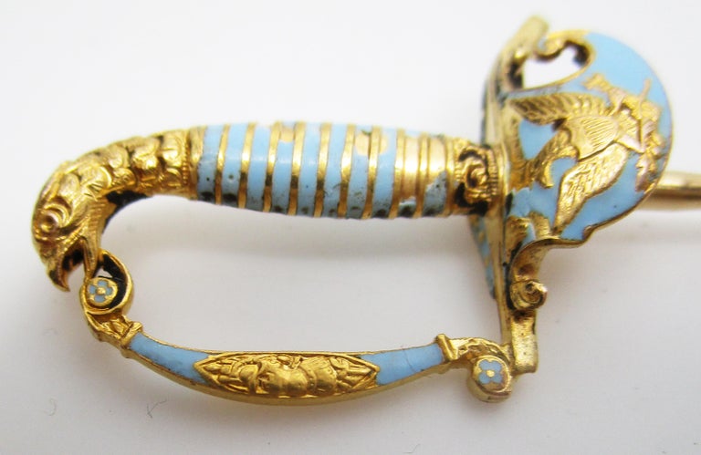 Victorian 18 Karat Yellow Gold Sky Blue Enamel Sword Hat Stick Pin In Fair Condition For Sale In Lexington, KY