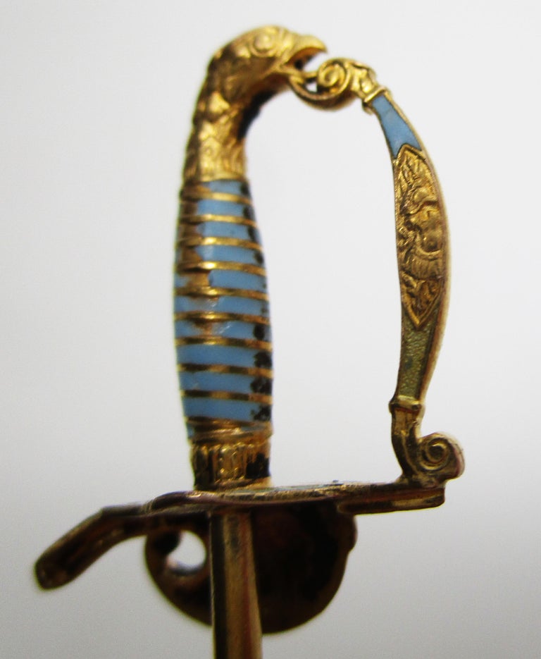 Victorian 18 Karat Yellow Gold Sky Blue Enamel Sword Hat Stick Pin For Sale 3