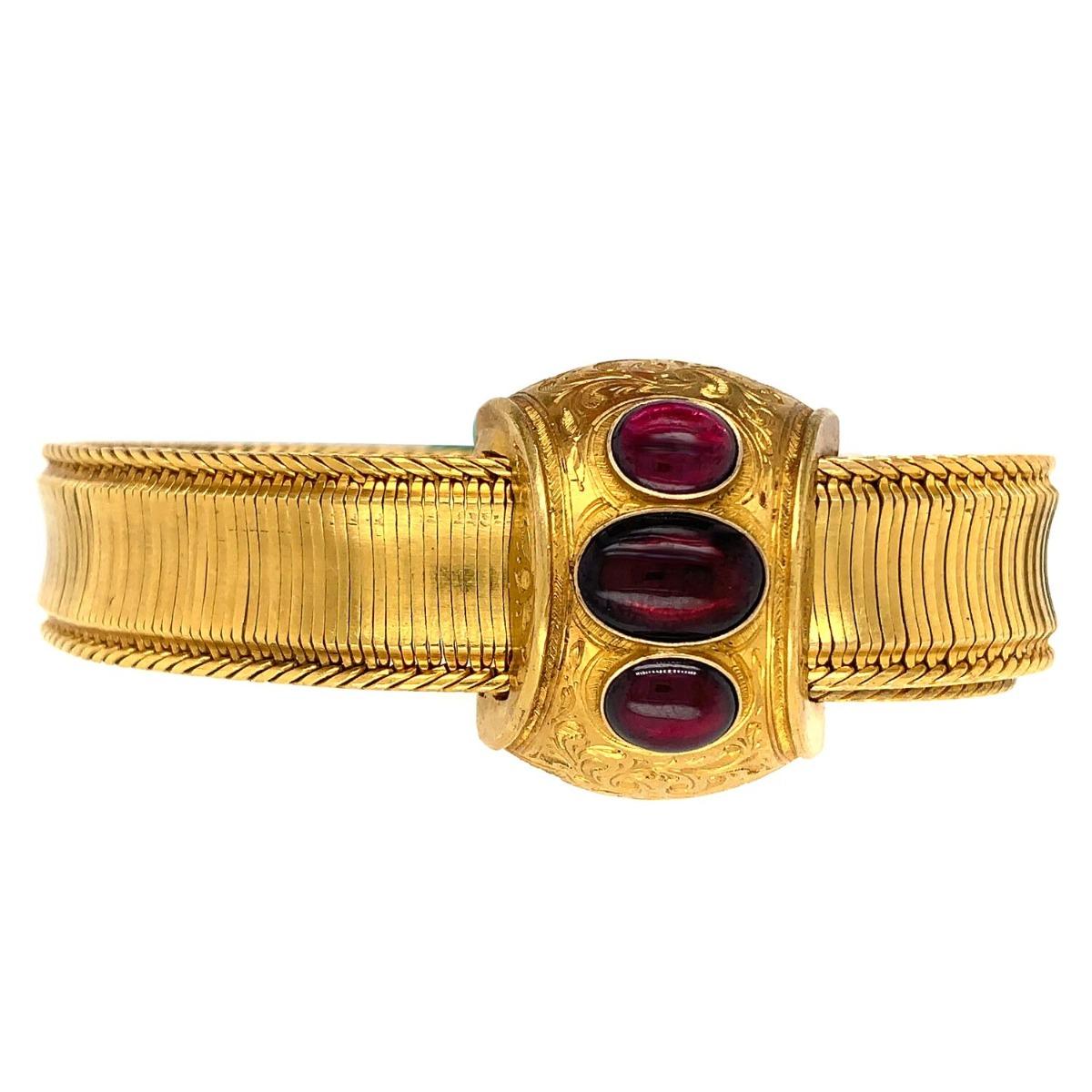 Victorian 18K Yellow Gold Sliding Bracelet

Period: Victorian
Metal: 18K Yellow Gold
Condition: Excellent
Item Weight: 32 grams
Width: 1.8 inch
Length: 1.9 inch