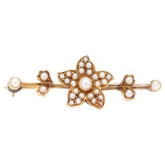 Victorian 18 Karat Yellow Gold and Split Pearl Floral Bar Brooch