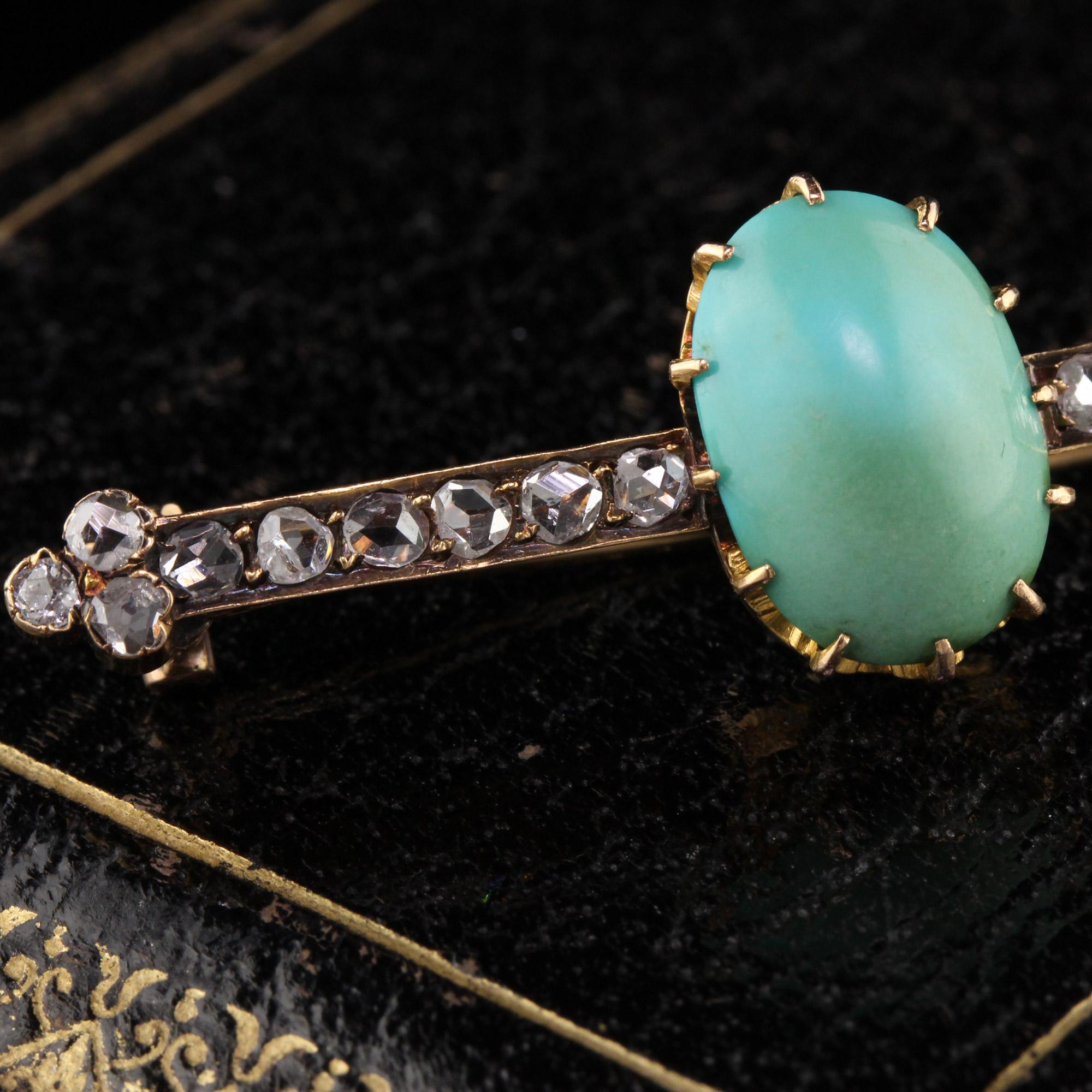 Classy Victorian Turquoise Brooch with diamonds

#P0080

Metal: 18K Yellow Gold

Weight: 6.0 Grams

Total Diamond Weight -  Approximately 1 CT Rose Cut Diamonds

Center Stone: Turquoise 

Center Stone Measurements:  13 mm x 9.6 mm

Measurements: