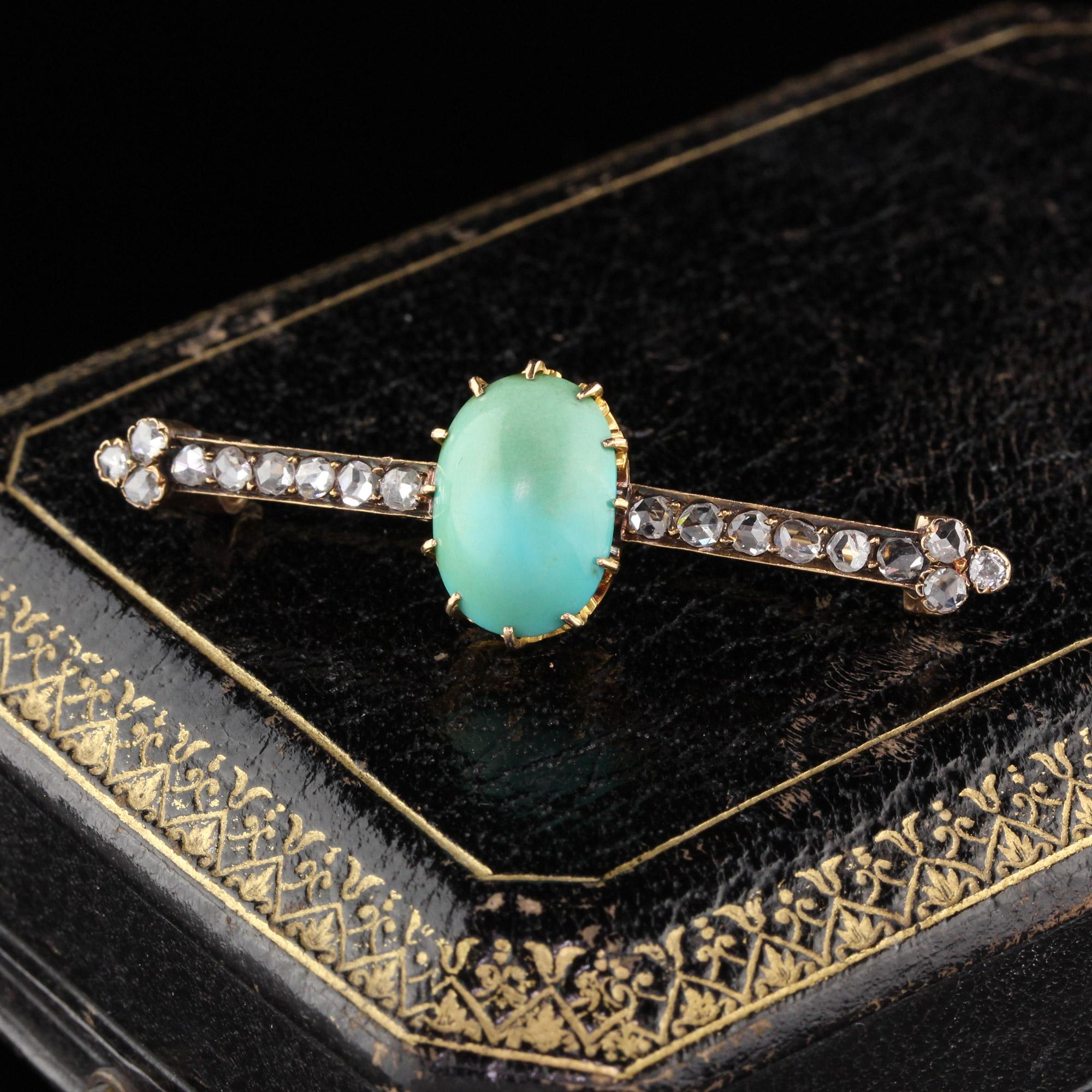 Round Cut Victorian 18 Karat Yellow Gold Turquoise and Diamond Brooch