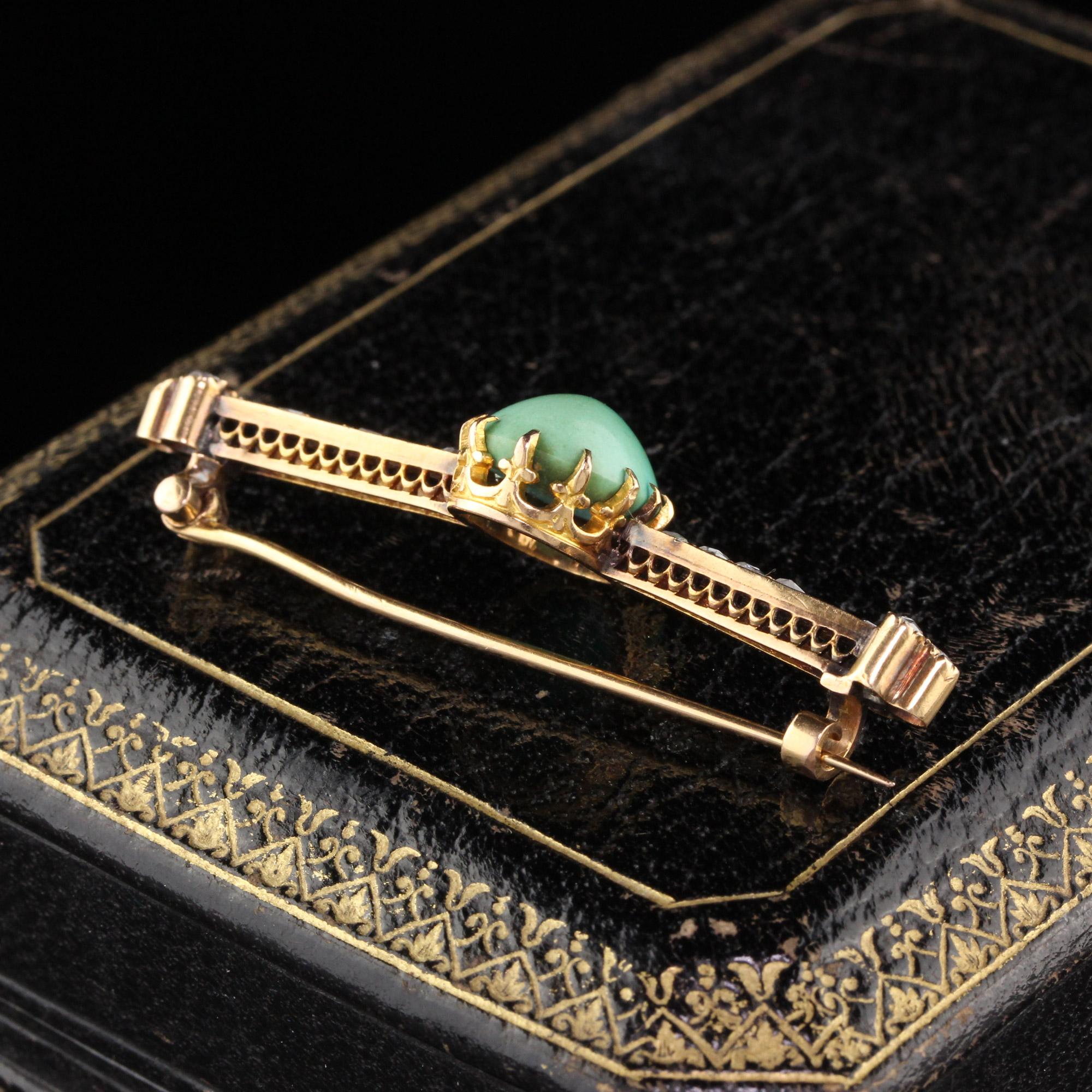 Victorian 18 Karat Yellow Gold Turquoise and Diamond Brooch In Good Condition For Sale In Great Neck, NY