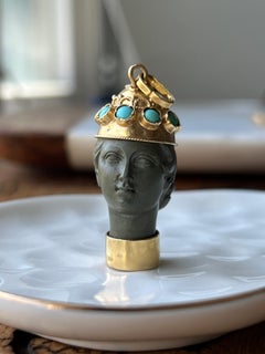 Victorian 18k Yellow Gold Turquoise and Natural Stone Grecian Queen Pendant