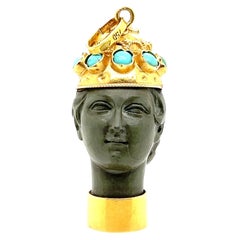 Victorian 18k Yellow Gold Turquoise and Natural Stone Grecian Queen Pendant