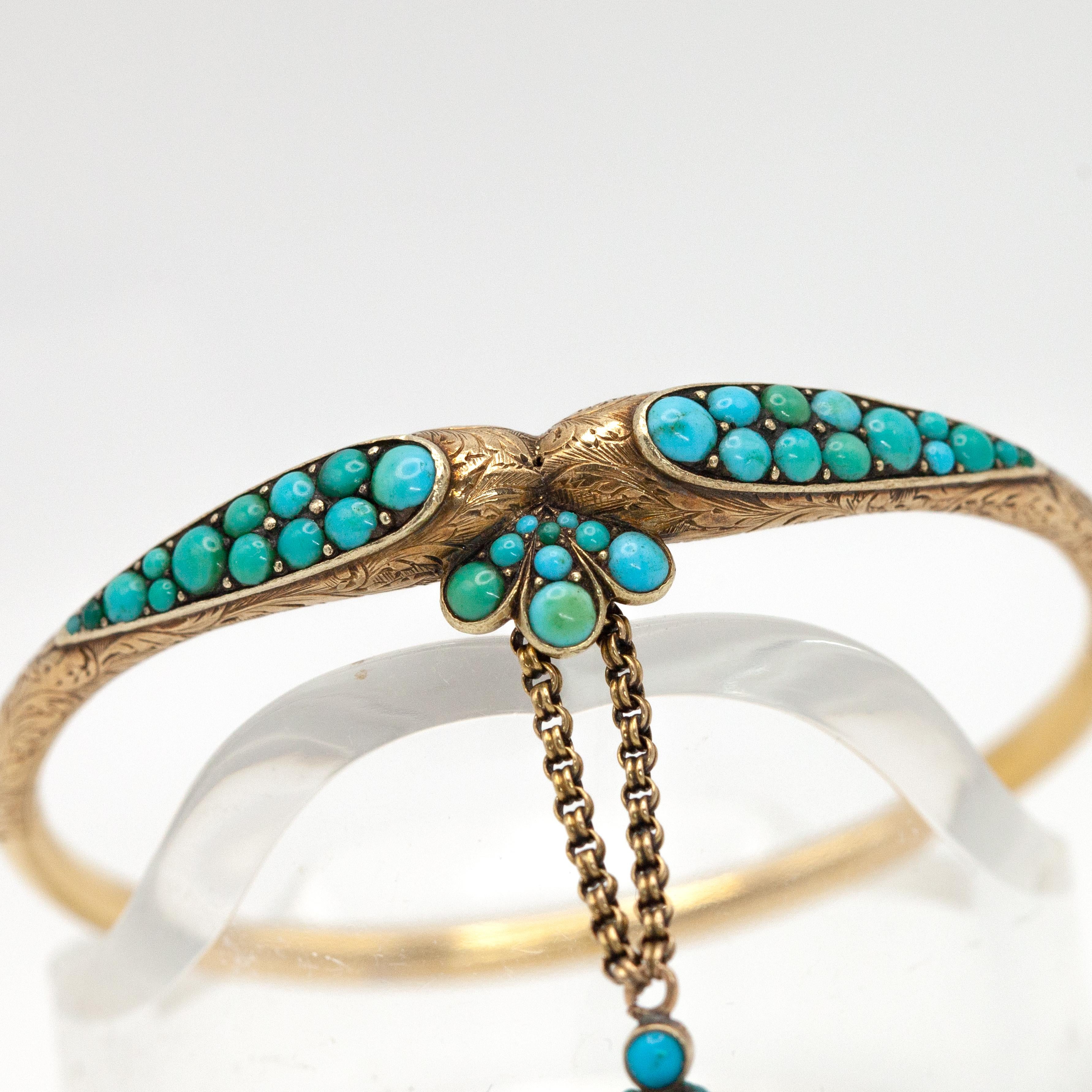 Antique Victorian 18K Yellow Gold Turquoise Bangle c.1890s In Excellent Condition For Sale In New York, NY