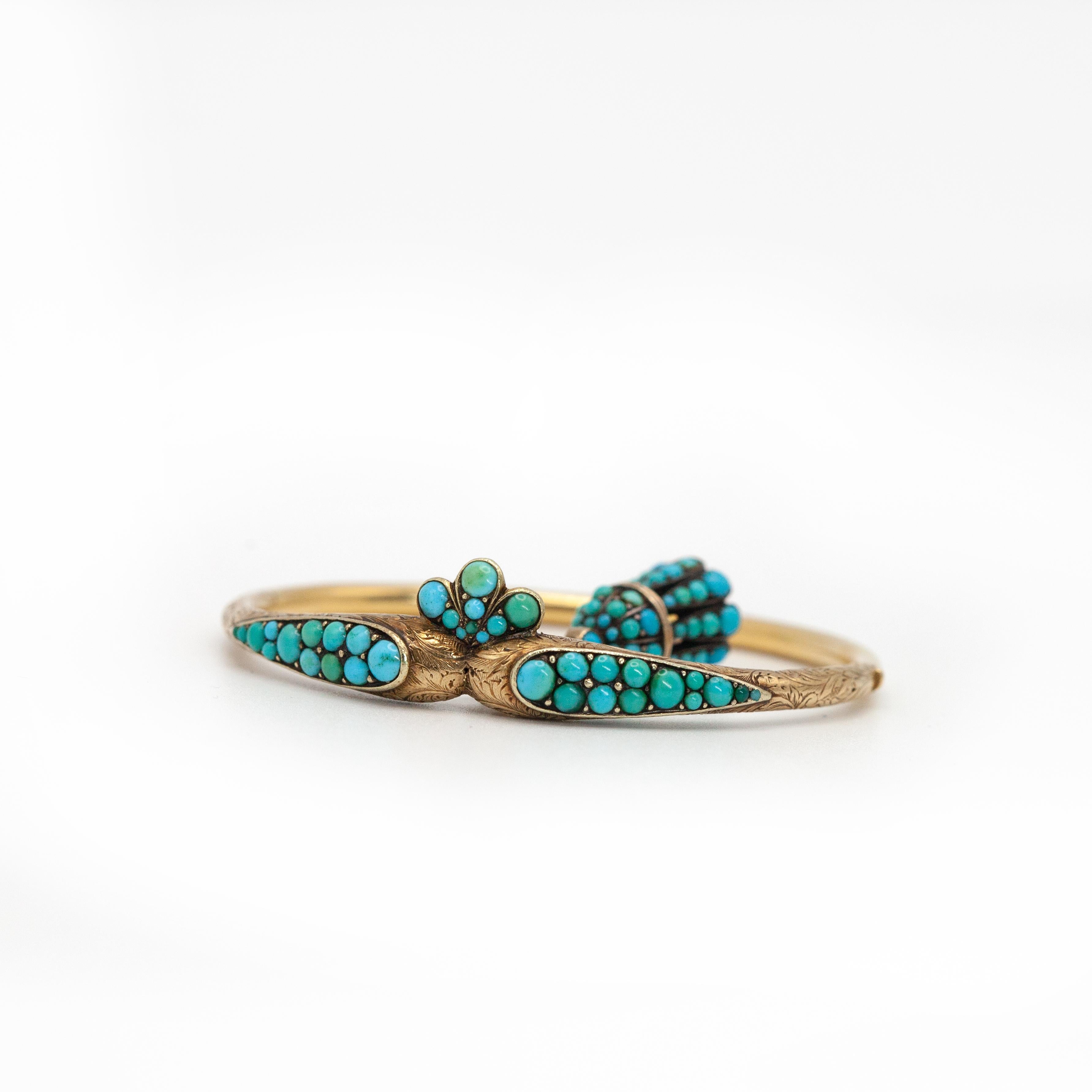 Women's Antique Victorian 18K Yellow Gold Turquoise Bangle c.1890s For Sale