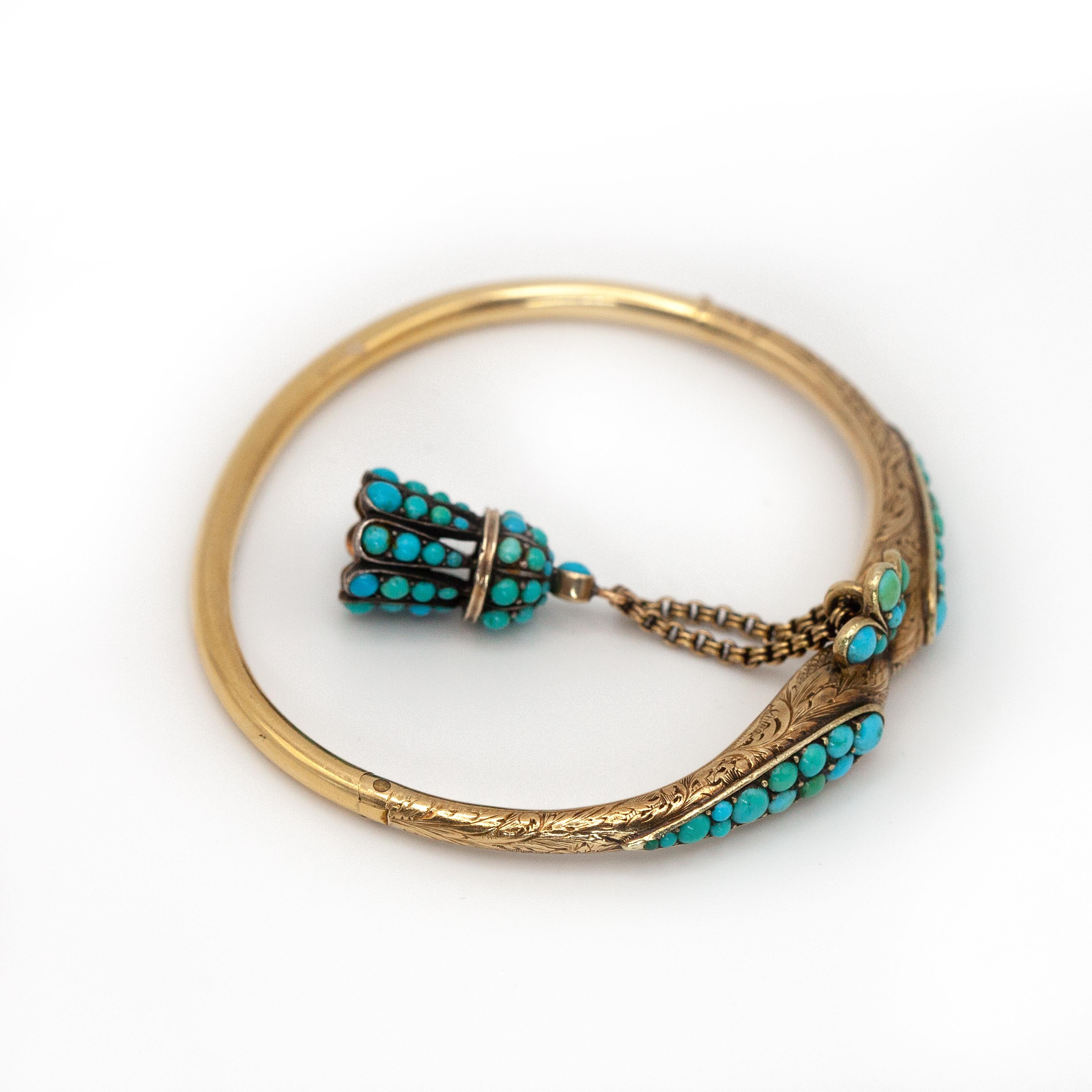 Antique Victorian 18K Yellow Gold Turquoise Bangle c.1890s For Sale 6
