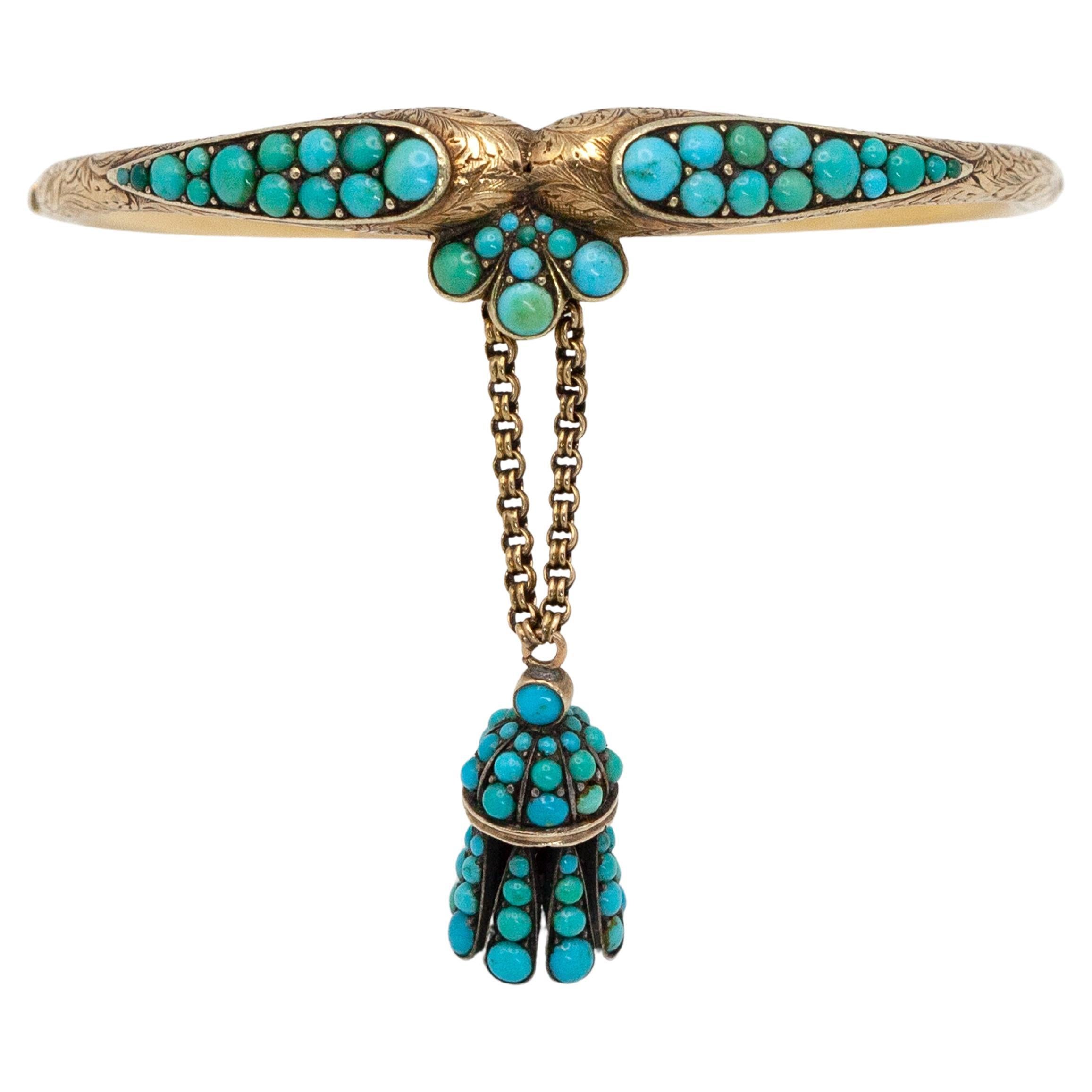 Cabochon Antique Victorian 18K Yellow Gold Turquoise Bangle c.1890s For Sale