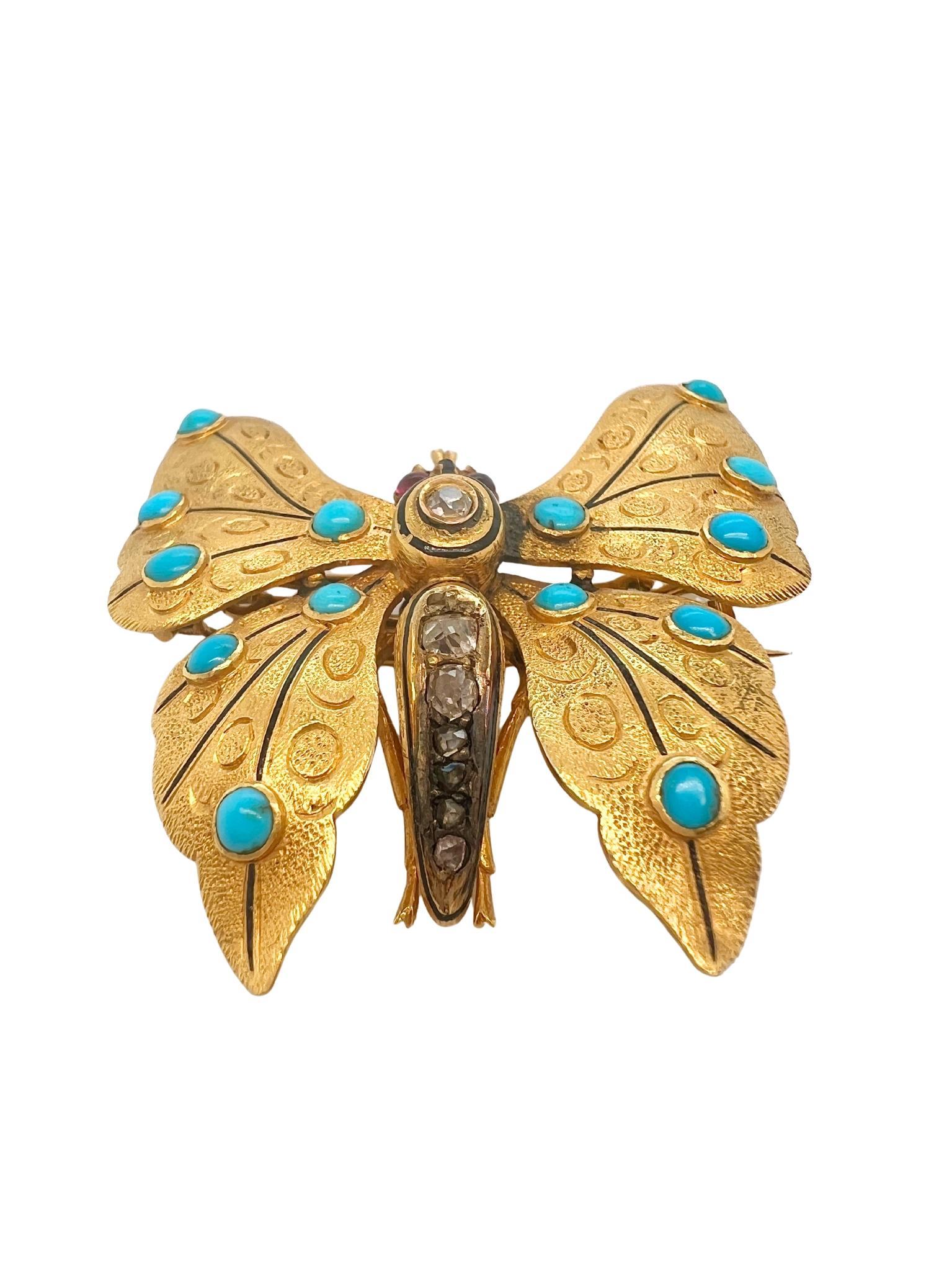 Broche papillon victorienne en or jaune 18k Turquoise Rubis Diamant

Détail :
Cette magnifique broche-papillon est réalisée en or jaune 18 carats et rehaussée de turquoise sur les ailes, de rubis pour les yeux et de diamants sur le corps.
Mesures :