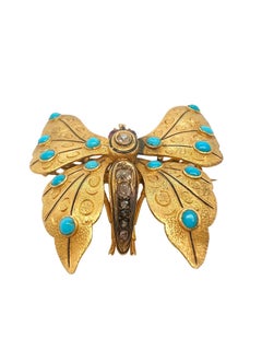Victorian 18k Yellow Gold Turquoise Ruby Diamond Butterfly Brooch