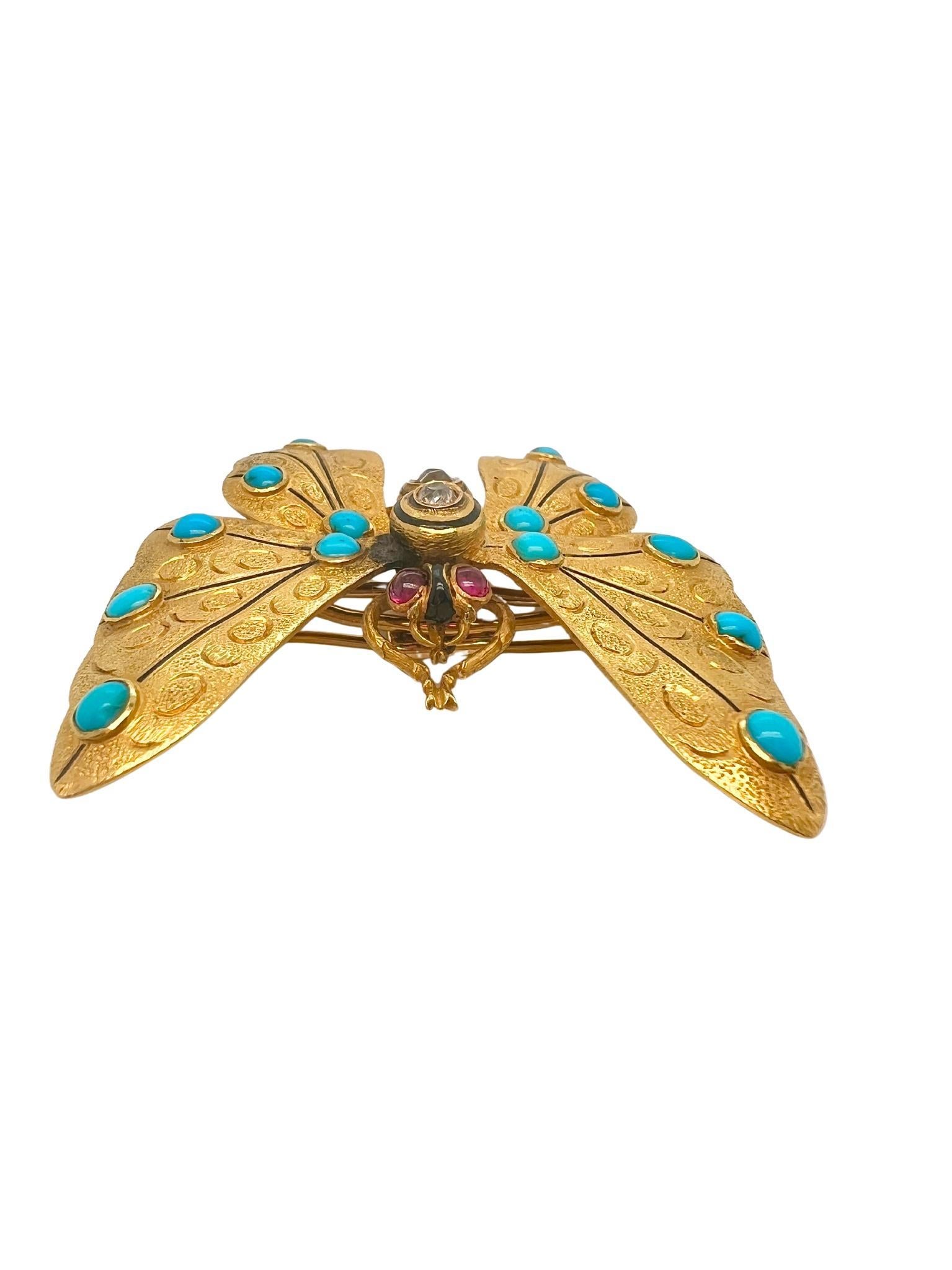 Victorien Broche papillon victorienne en or jaune 18k Turquoise Rubis Diamant en vente