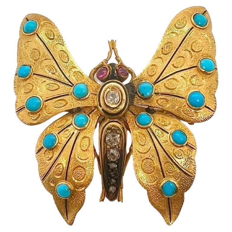 Victorian 18k Yellow Gold Turquoise Ruby Diamond Butterfly Brooch