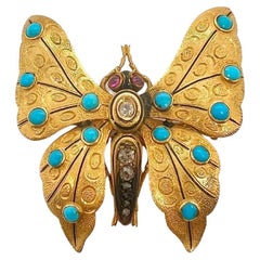 Victorian 18k Yellow Gold Turquoise Ruby Diamond Butterfly Brooch