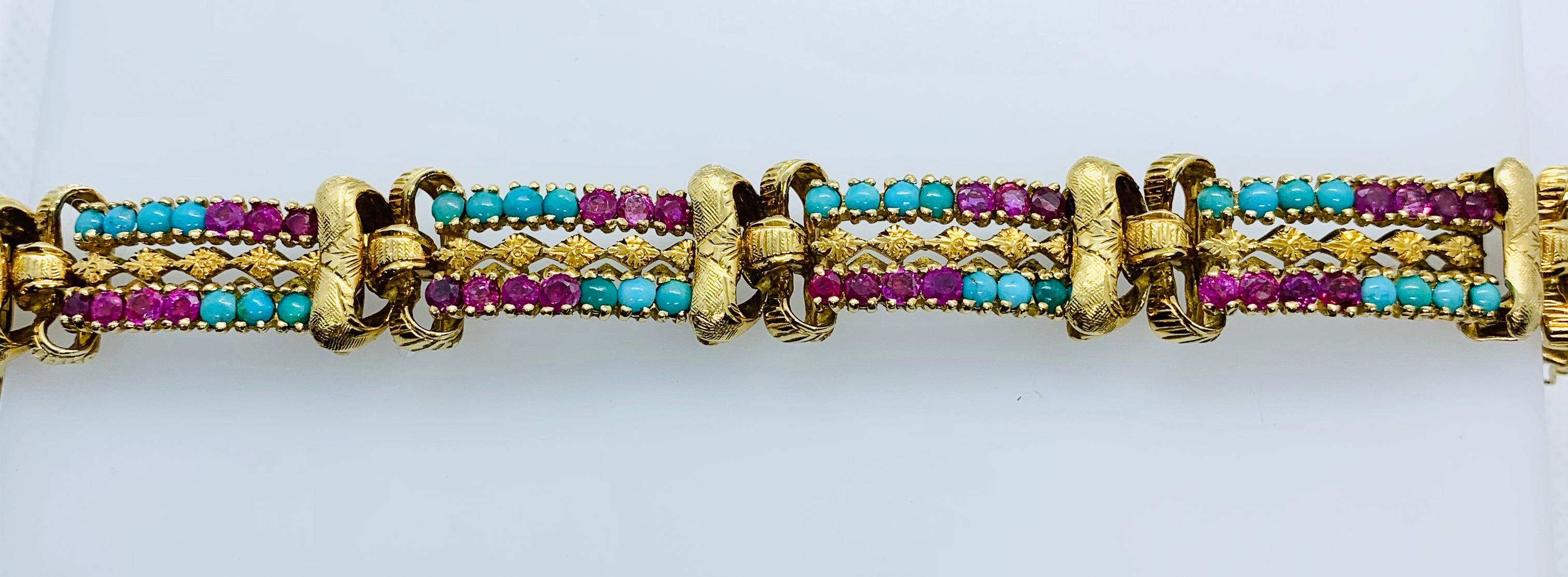 Victorian 18 Karat Yellow Gold Turquoise and Ruby Engraved 6 Section Bracelet 6