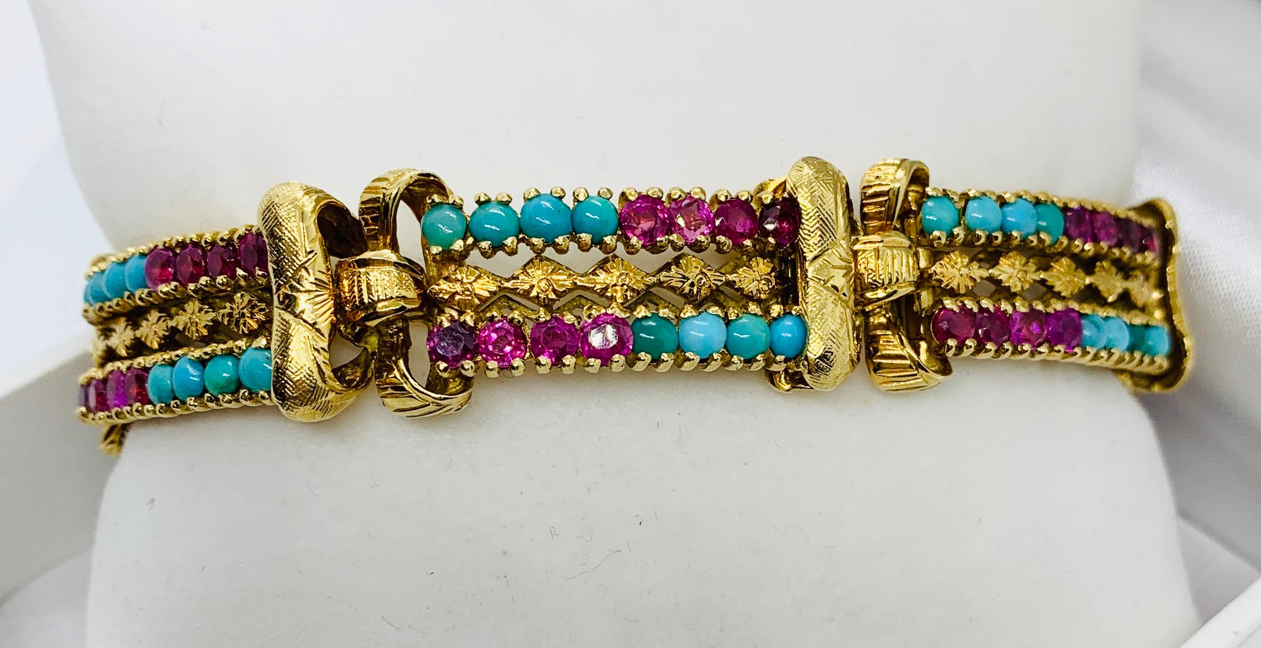 Victorian 18 Karat Yellow Gold Turquoise and Ruby Engraved 6 Section Bracelet 8