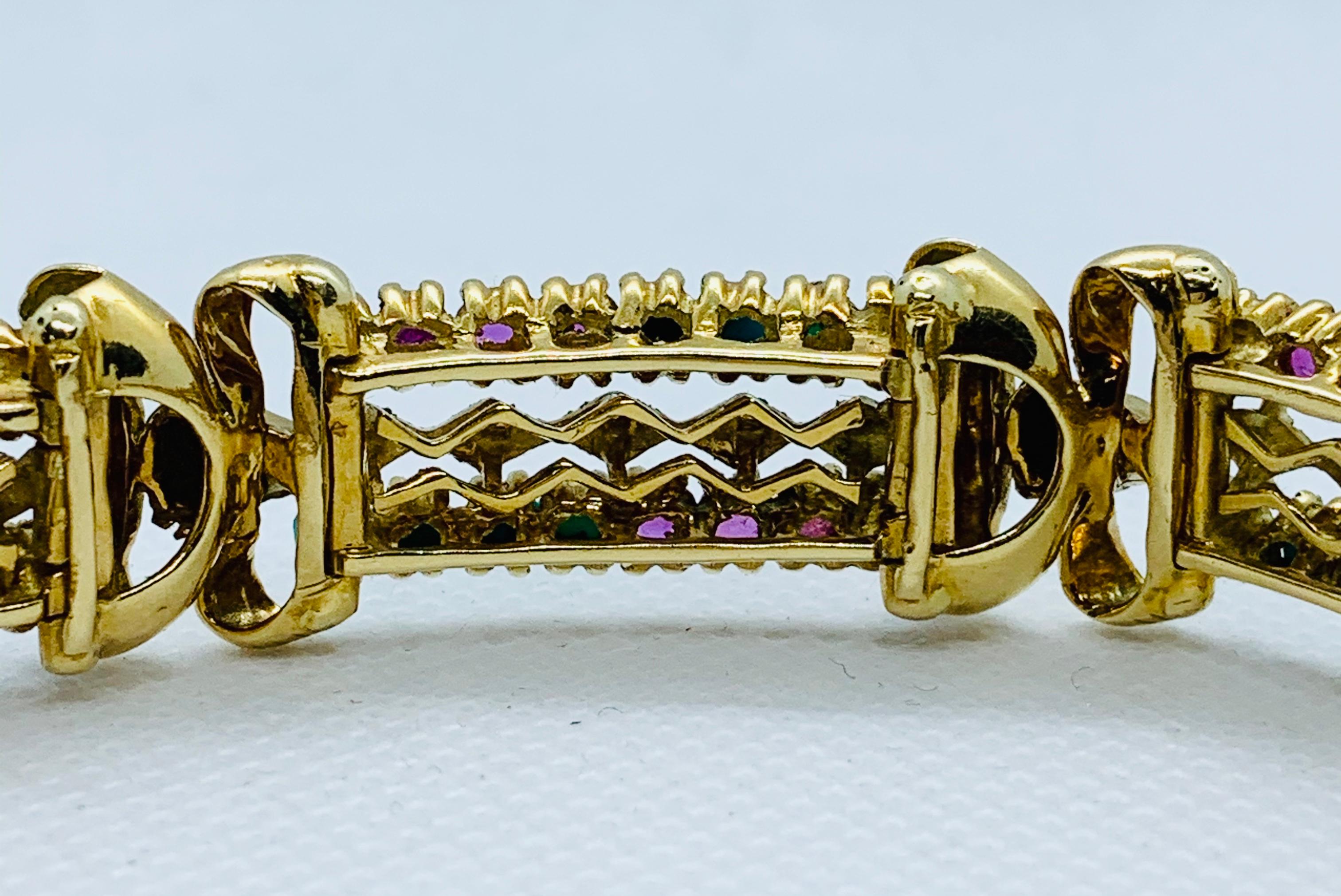 Victorian 18 Karat Yellow Gold Turquoise and Ruby Engraved 6 Section Bracelet 9