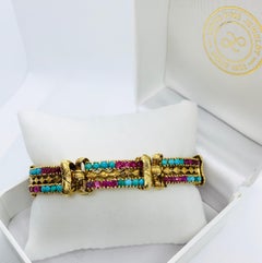 Victorian 18 Karat Yellow Gold Turquoise and Ruby Engraved 6 Section Bracelet