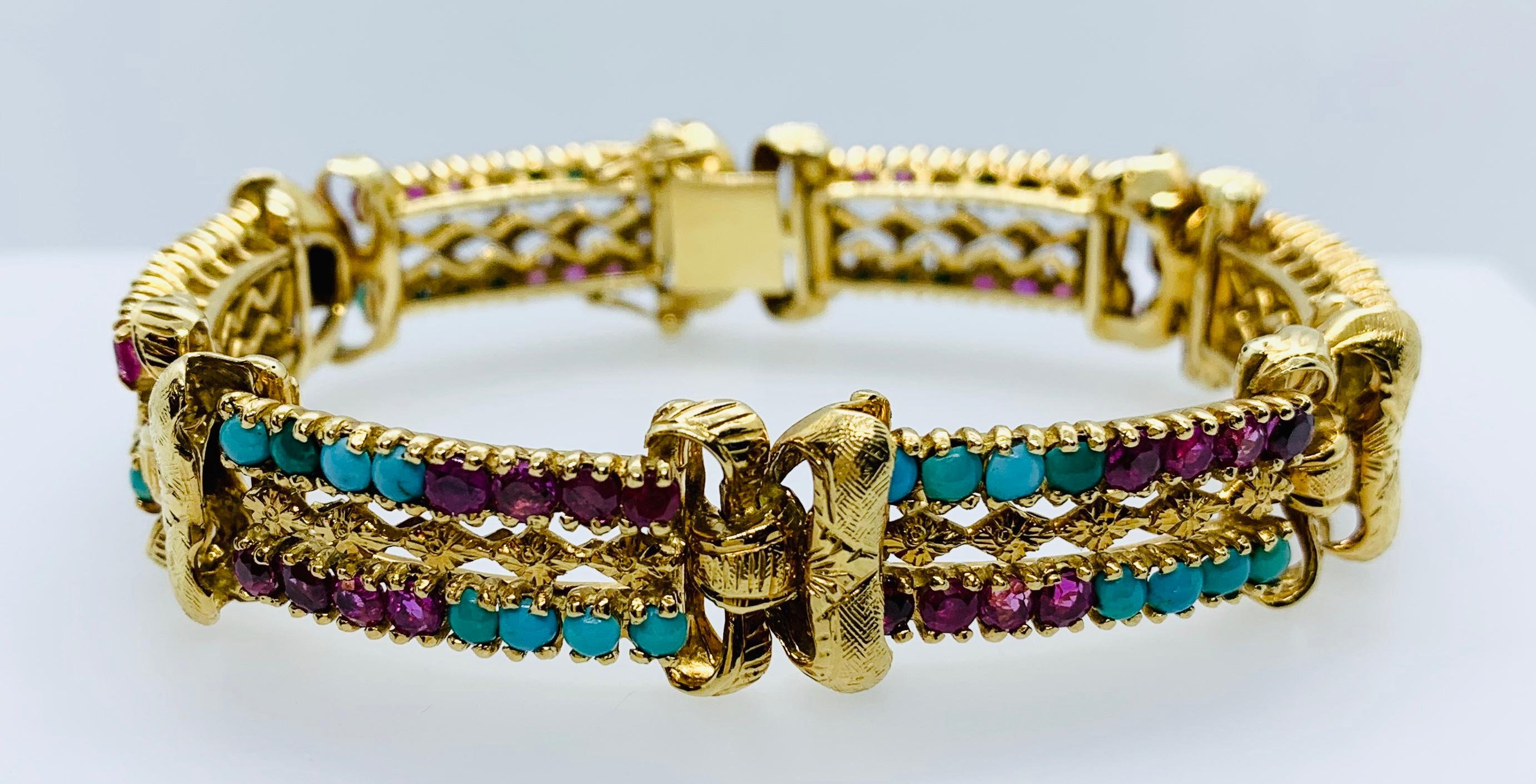 Round Cut Victorian 18 Karat Yellow Gold Turquoise and Ruby Engraved 6 Section Bracelet