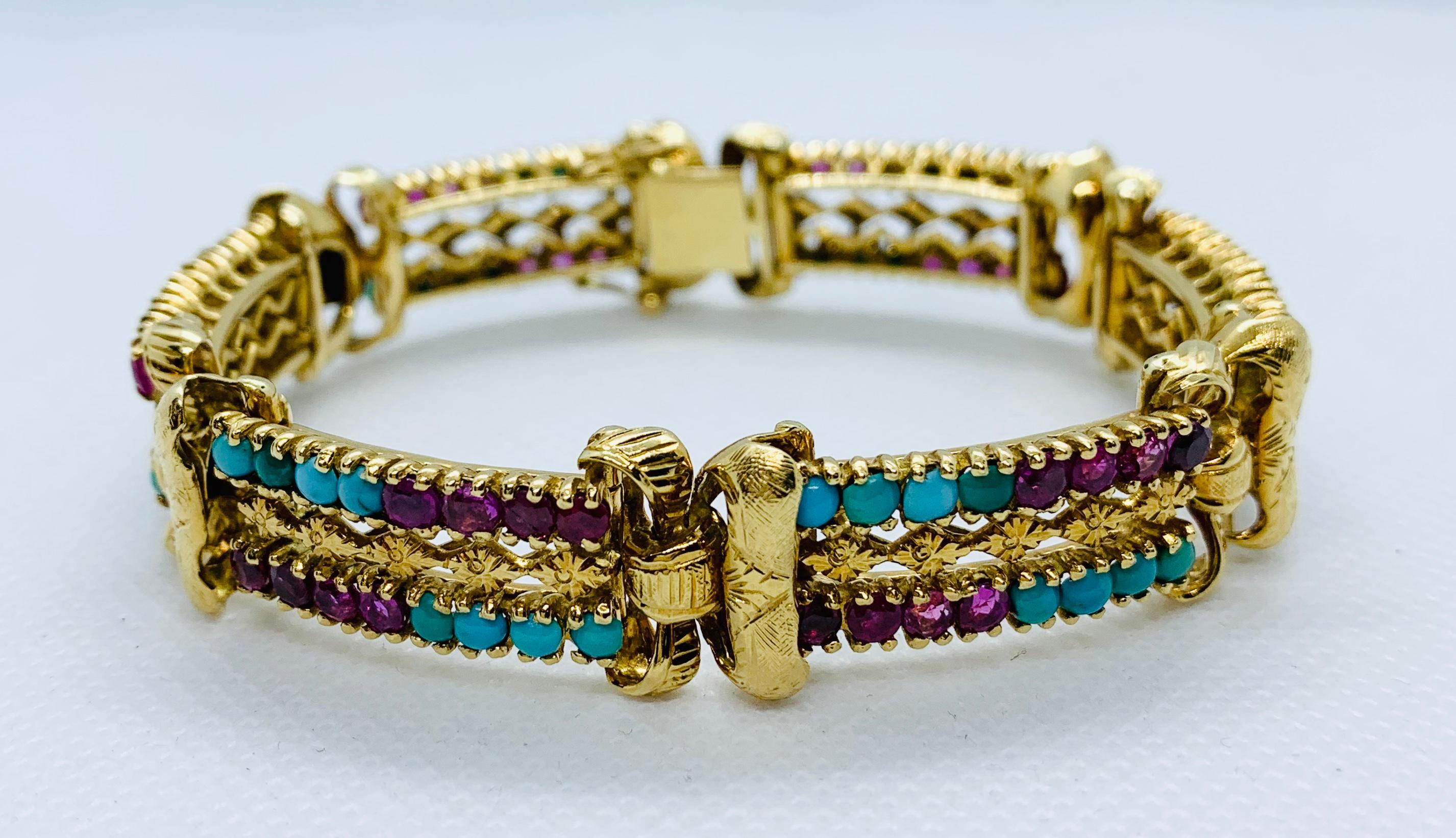 Victorian 18 Karat Yellow Gold Turquoise and Ruby Engraved 6 Section Bracelet In Excellent Condition In Birmingham, AL