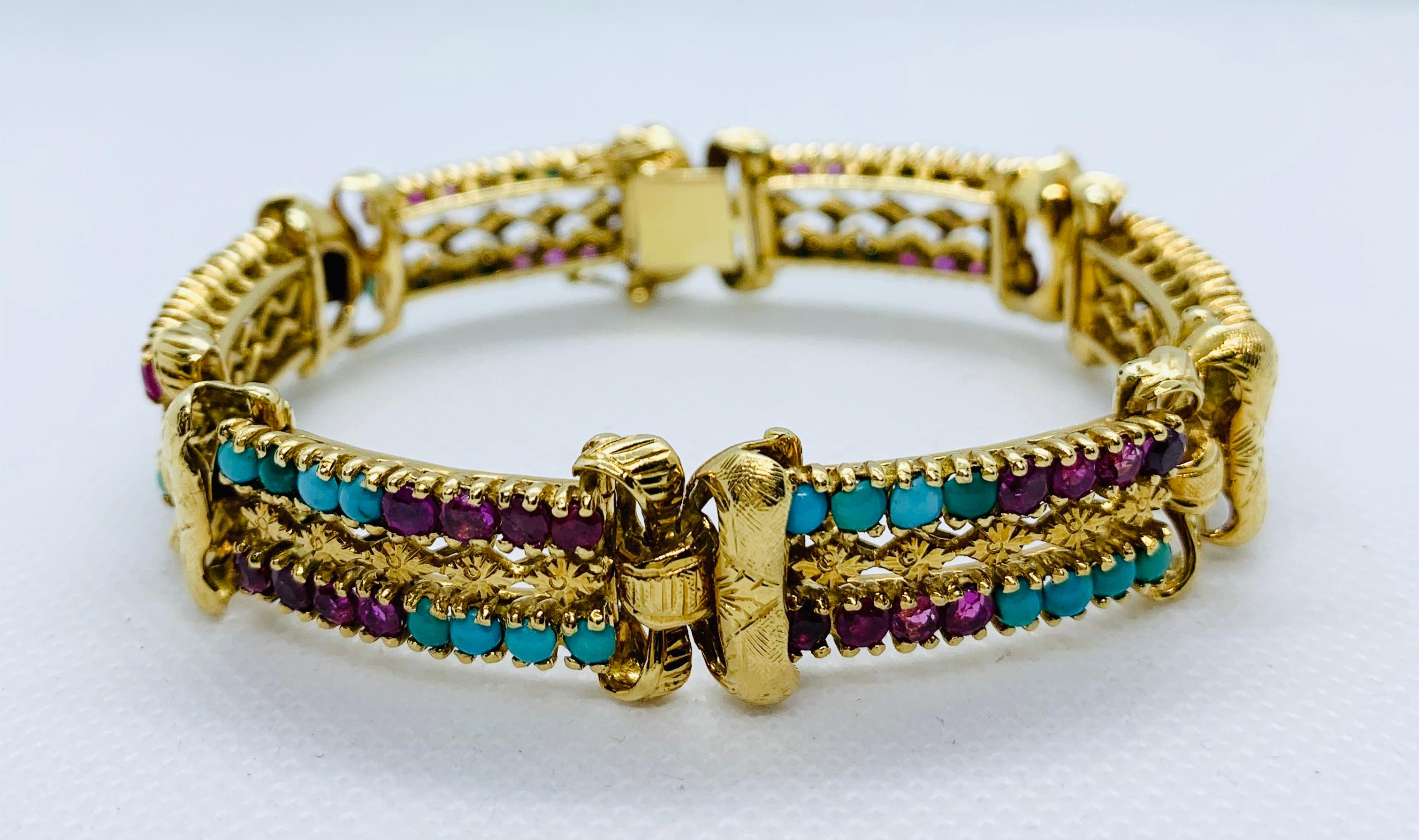 Women's Victorian 18 Karat Yellow Gold Turquoise and Ruby Engraved 6 Section Bracelet