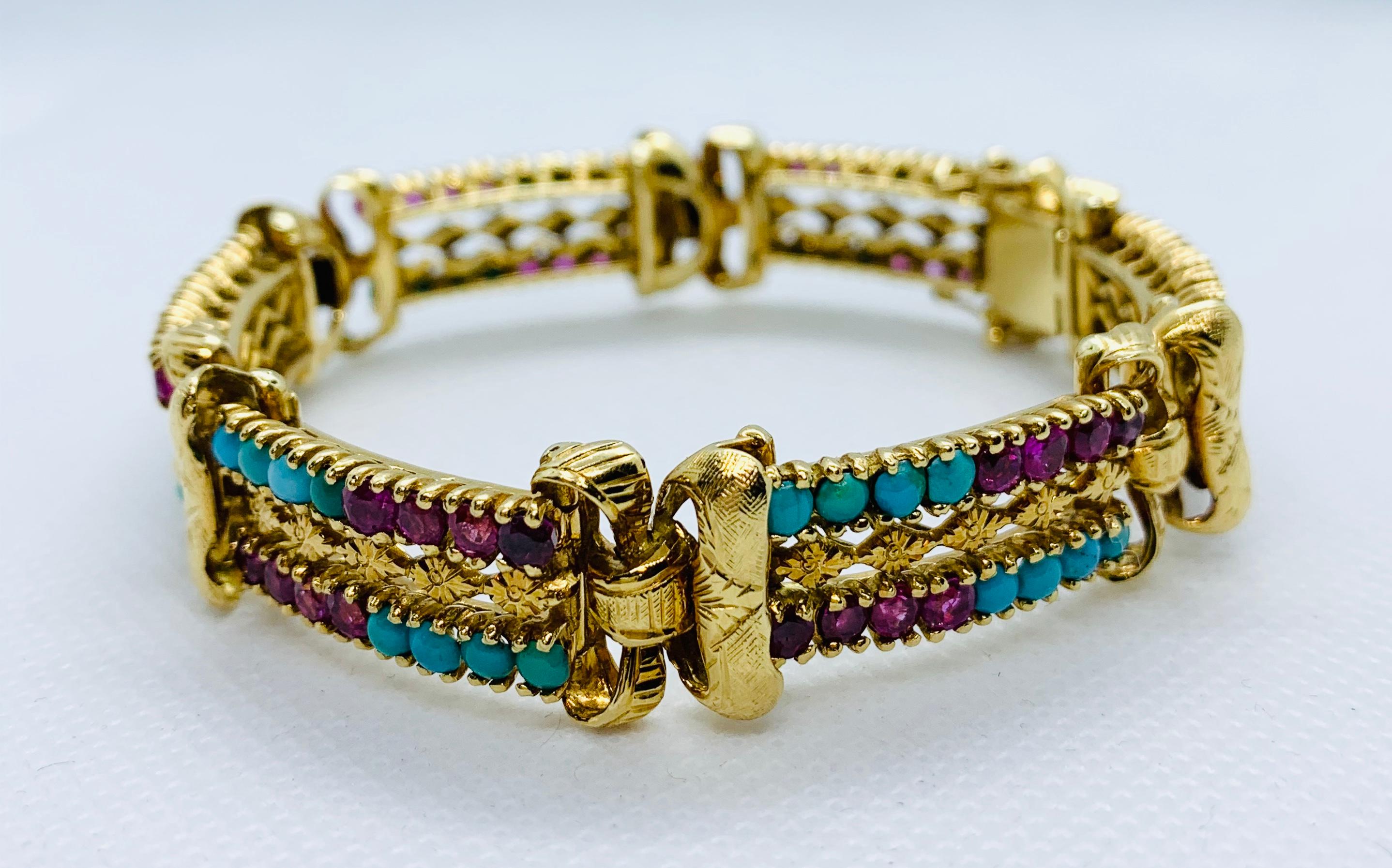 Victorian 18 Karat Yellow Gold Turquoise and Ruby Engraved 6 Section Bracelet 1