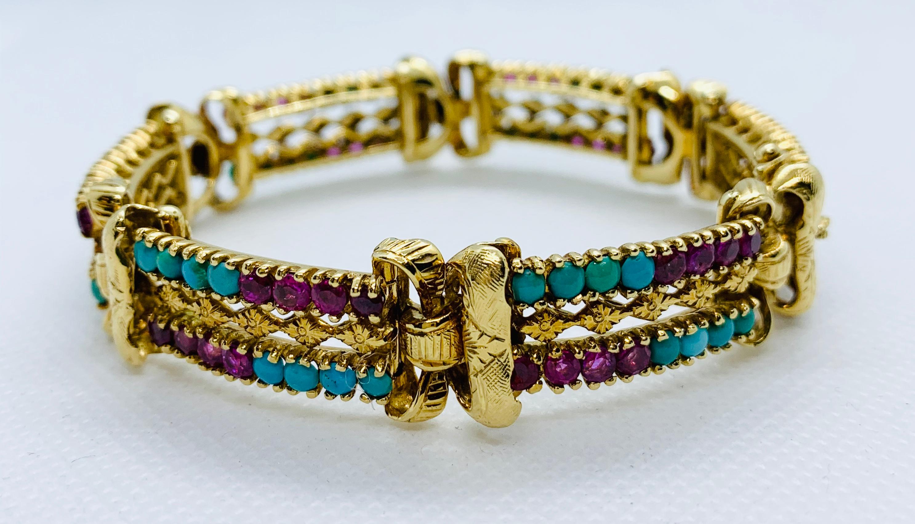 Victorian 18 Karat Yellow Gold Turquoise and Ruby Engraved 6 Section Bracelet 2