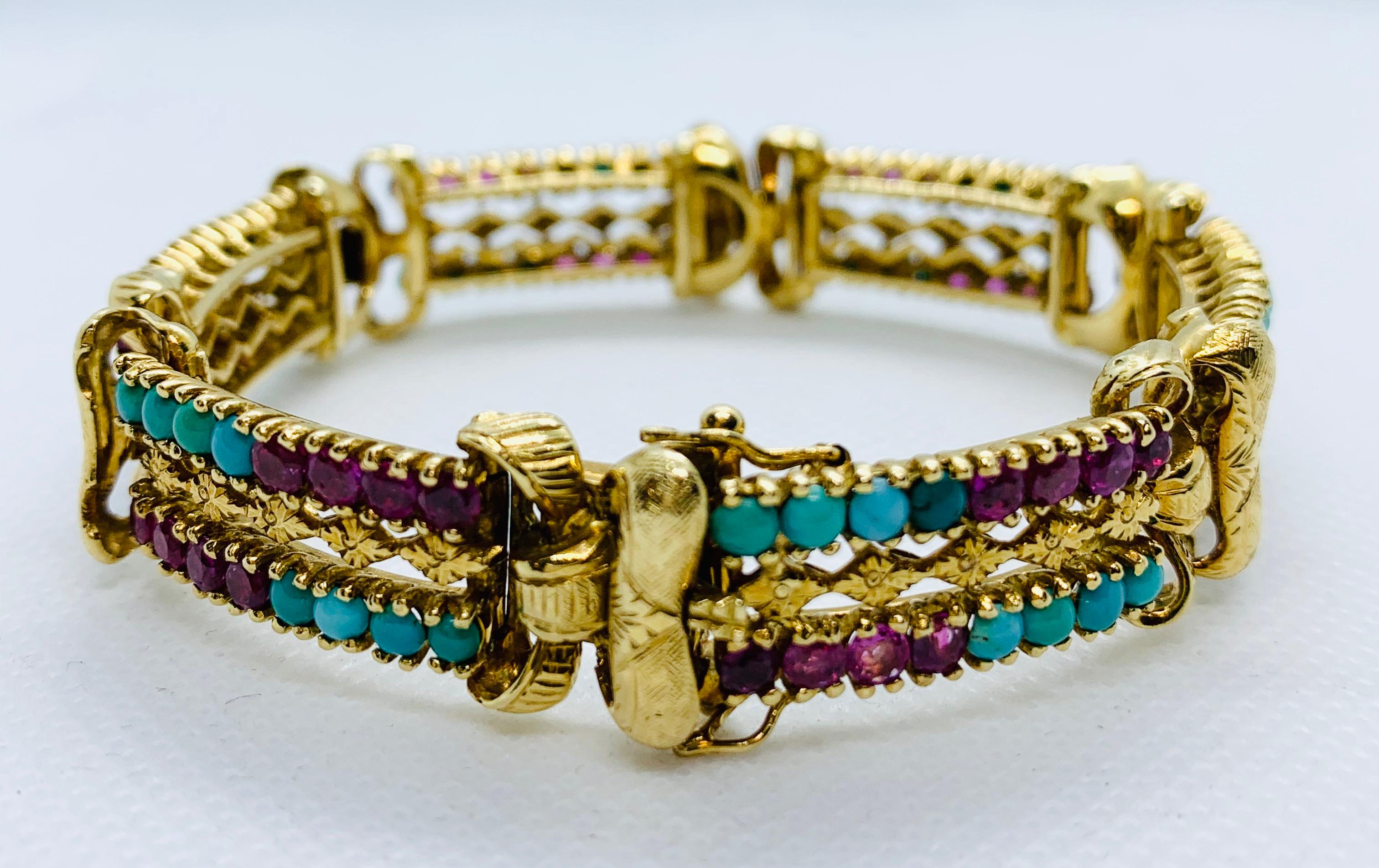 Victorian 18 Karat Yellow Gold Turquoise and Ruby Engraved 6 Section Bracelet 3