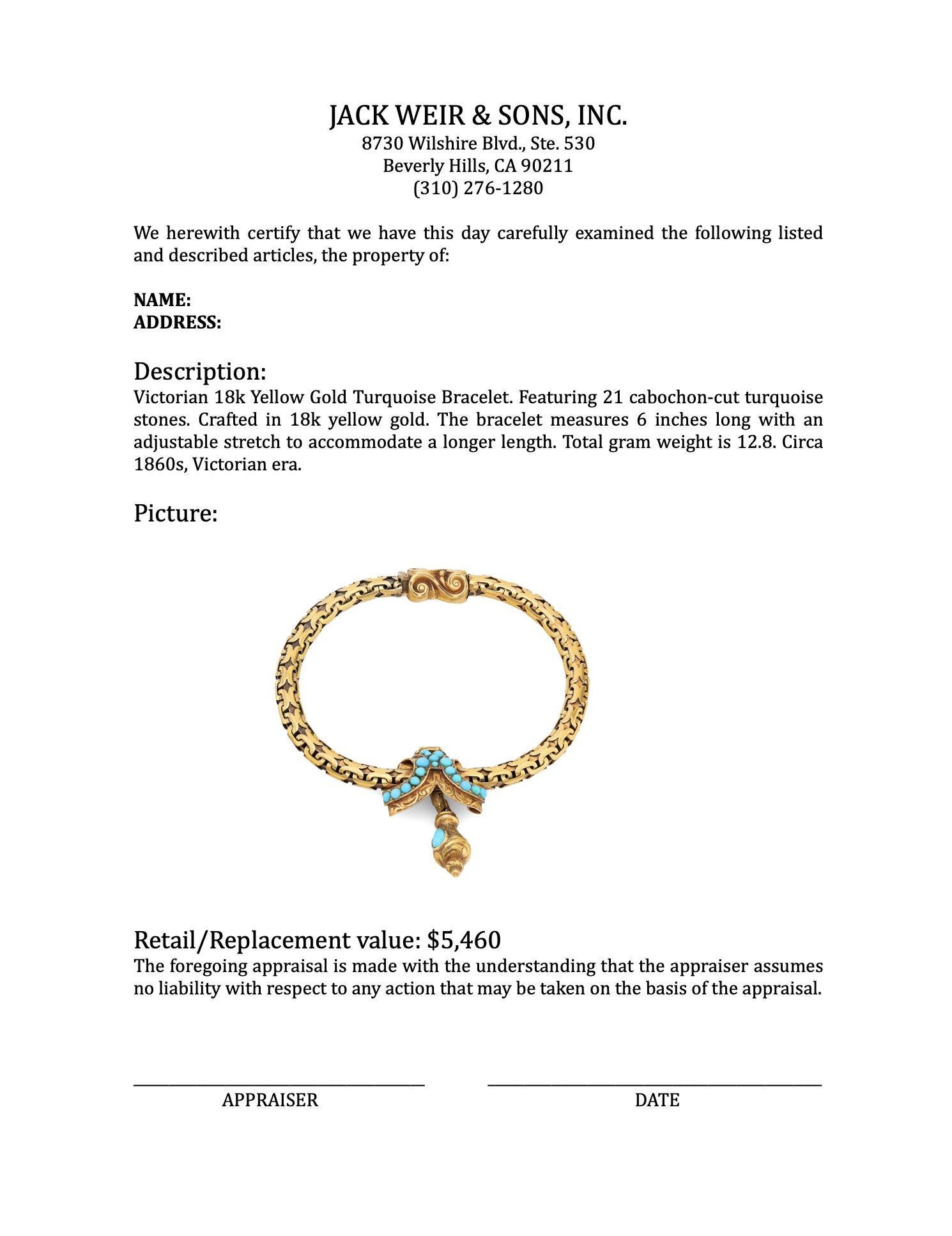 Women's or Men's Victorian 18k yellow gold turquoise stretchy bracelet