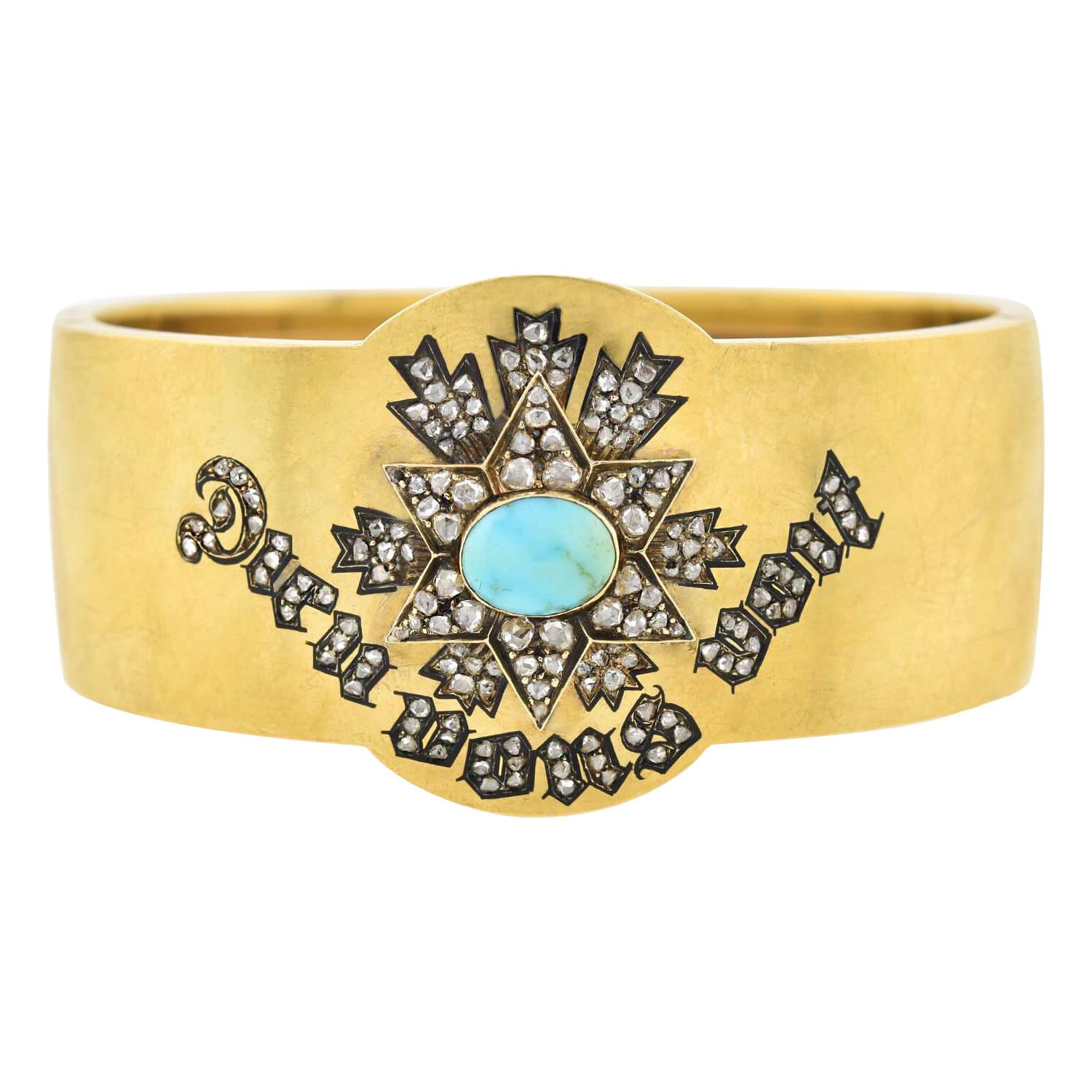 Victorian 18kt Diamond + Turquoise "Dieu vous voit" Bangle Bracelet