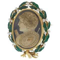 Victorian 18KT Gold Agate Cameo Brooch with Enamel and Pearls
