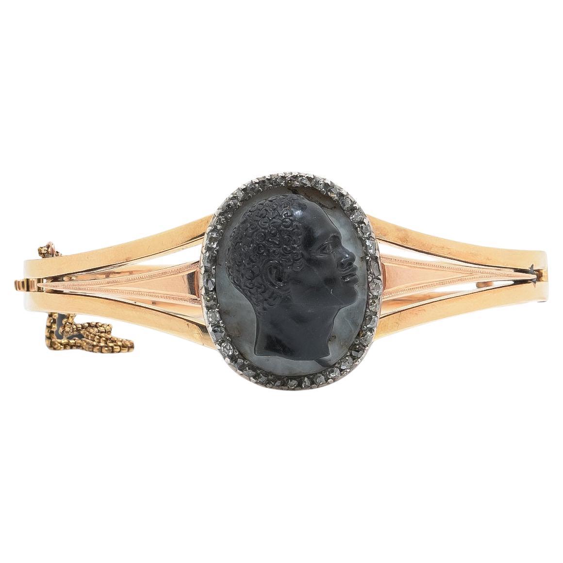 Victorian 18KT Gold Agate Cameo 
Rose Cut Diamond Bangle Bracelet For Sale