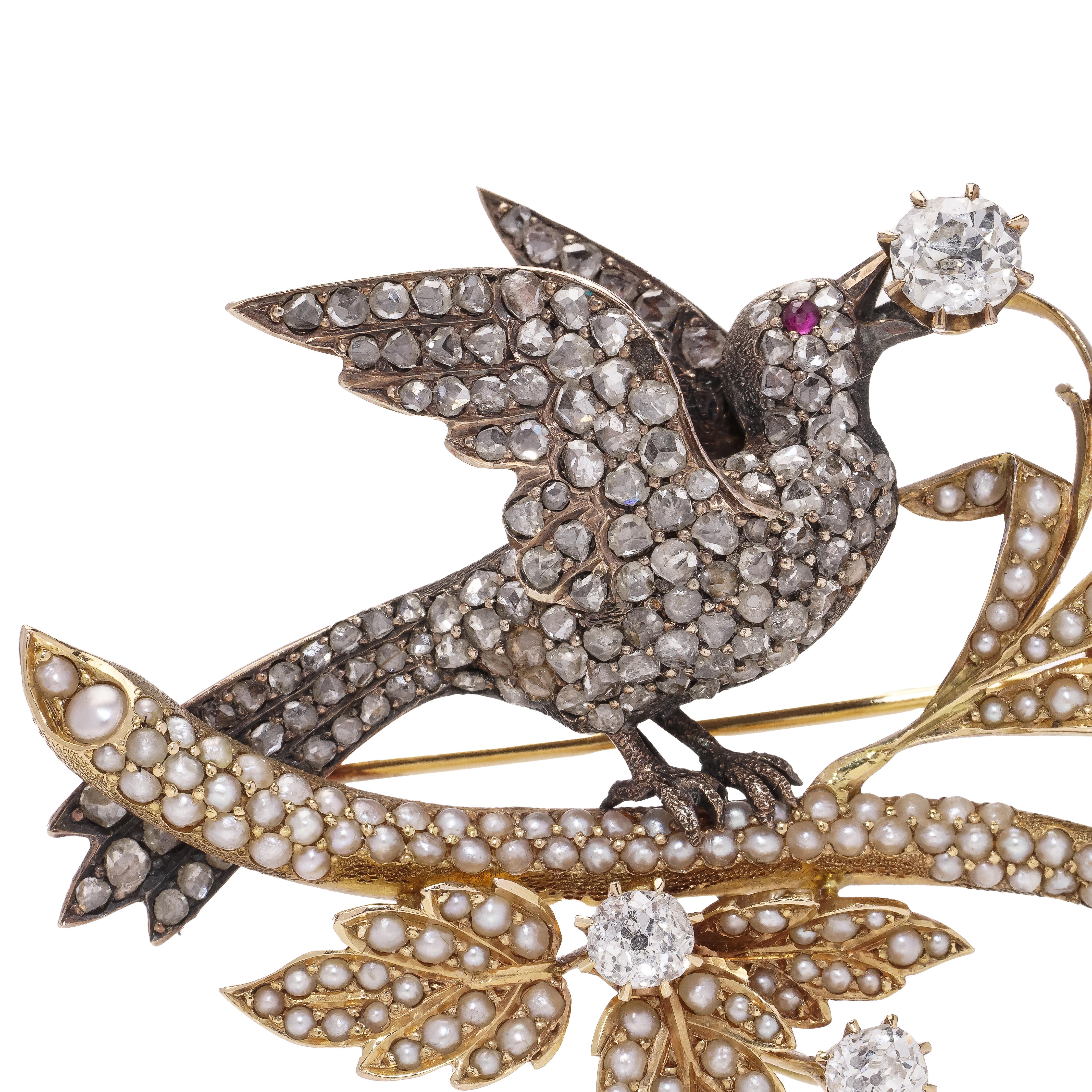 Victorian 18kt gold and silver bird standing on a branch brooch with diamonds  In Good Condition For Sale In Braintree, GB