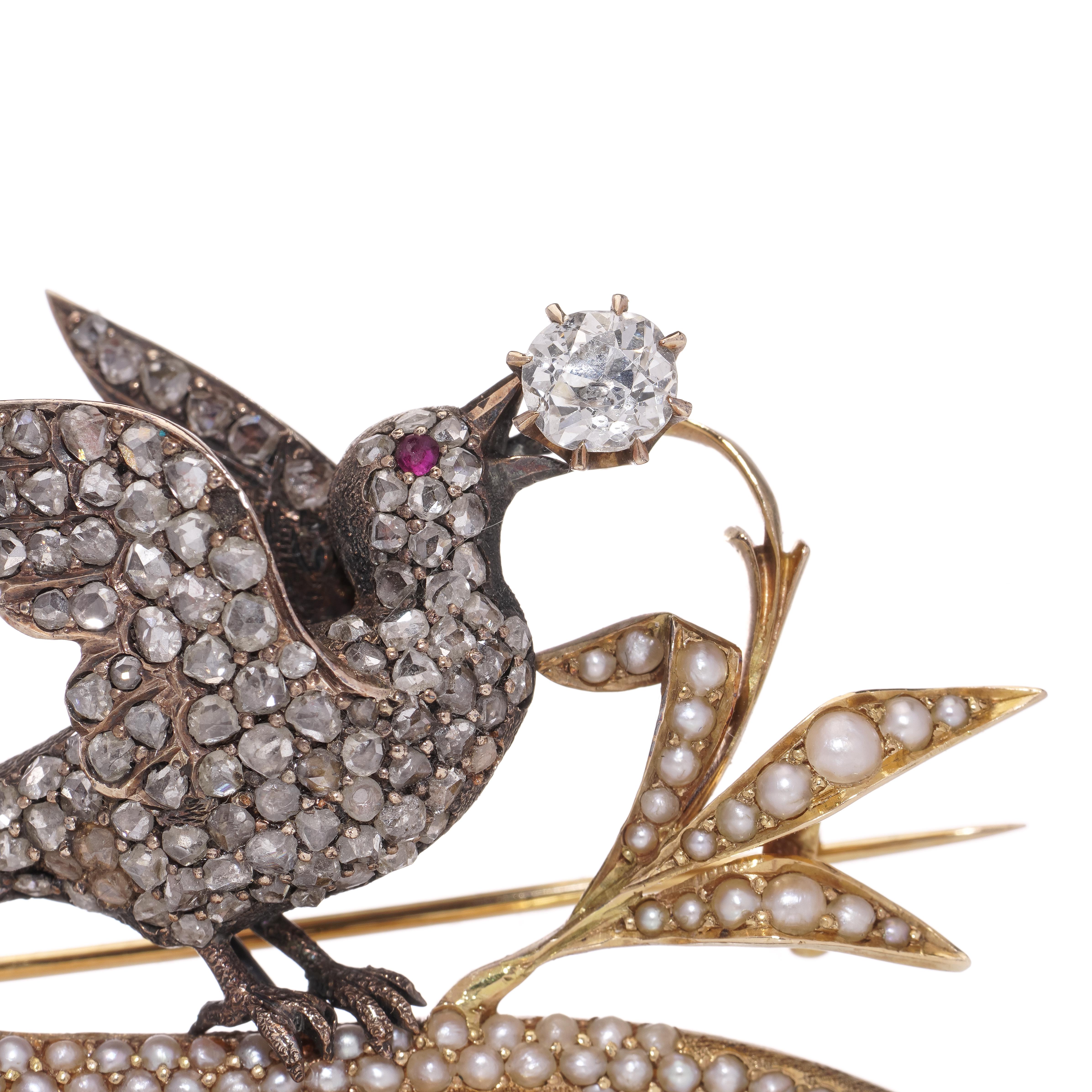 Victorian 18kt gold and silver bird standing on a branch brooch with diamonds  For Sale 2
