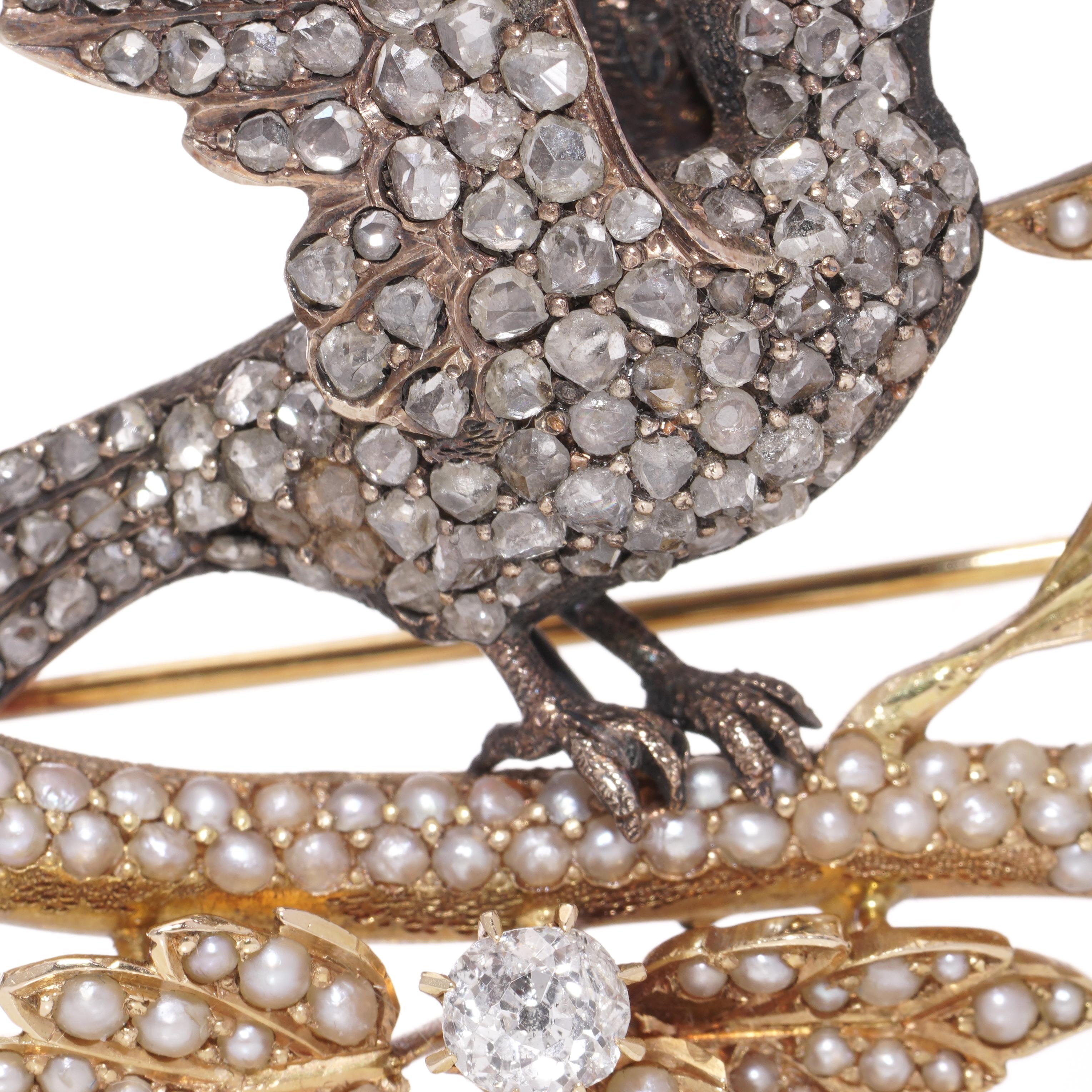 Victorian 18kt gold and silver bird standing on a branch brooch with diamonds  For Sale 3