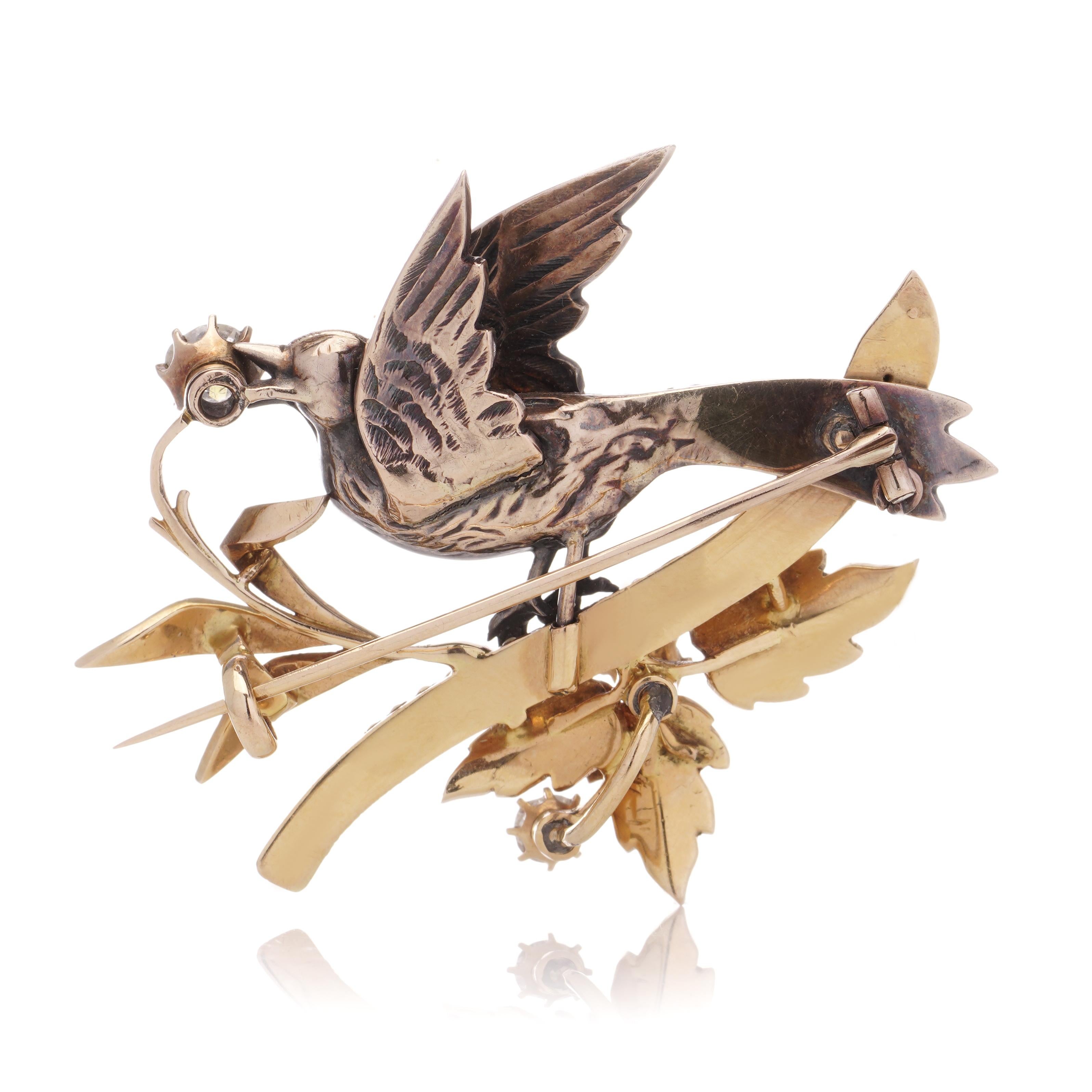 Victorian 18kt gold and silver bird standing on a branch brooch with diamonds  For Sale 4