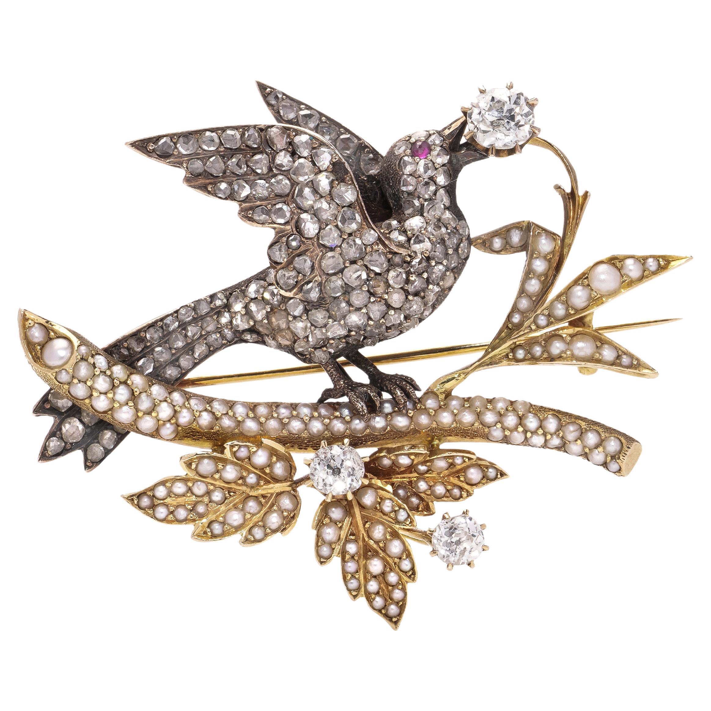 Victorian 18kt gold and silver bird standing on a branch brooch with diamonds  For Sale