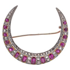 Victorian 18KT Gold and Silver Ruby & Diamond Crescent Brooch