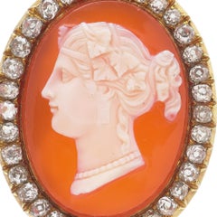 Victorian 18KT Gold Carnelian Shell Cameo and Old-Cut Diamond Brooch