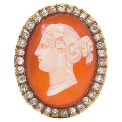 Victorian 18KT Gold Carnelian Shell Cameo and Old-Cut Diamond Brooch