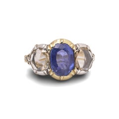 Victorian 18KT Gold Ceylon Sapphire & Rose Cut Diamond Three-Stone Ring