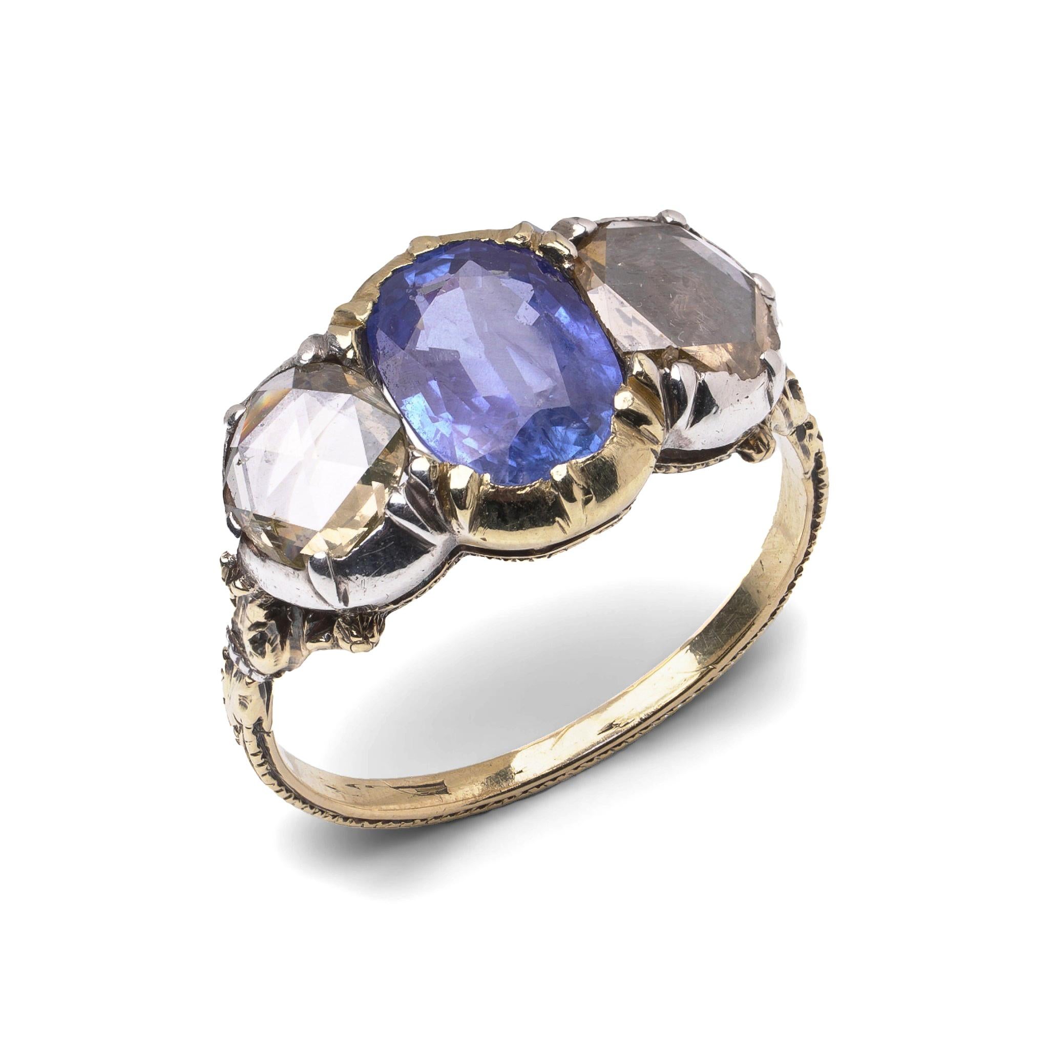 Victorian 18KT Gold Ceylon Sapphire 
Rose Cut Diamond Three-Stone Ring For Sale